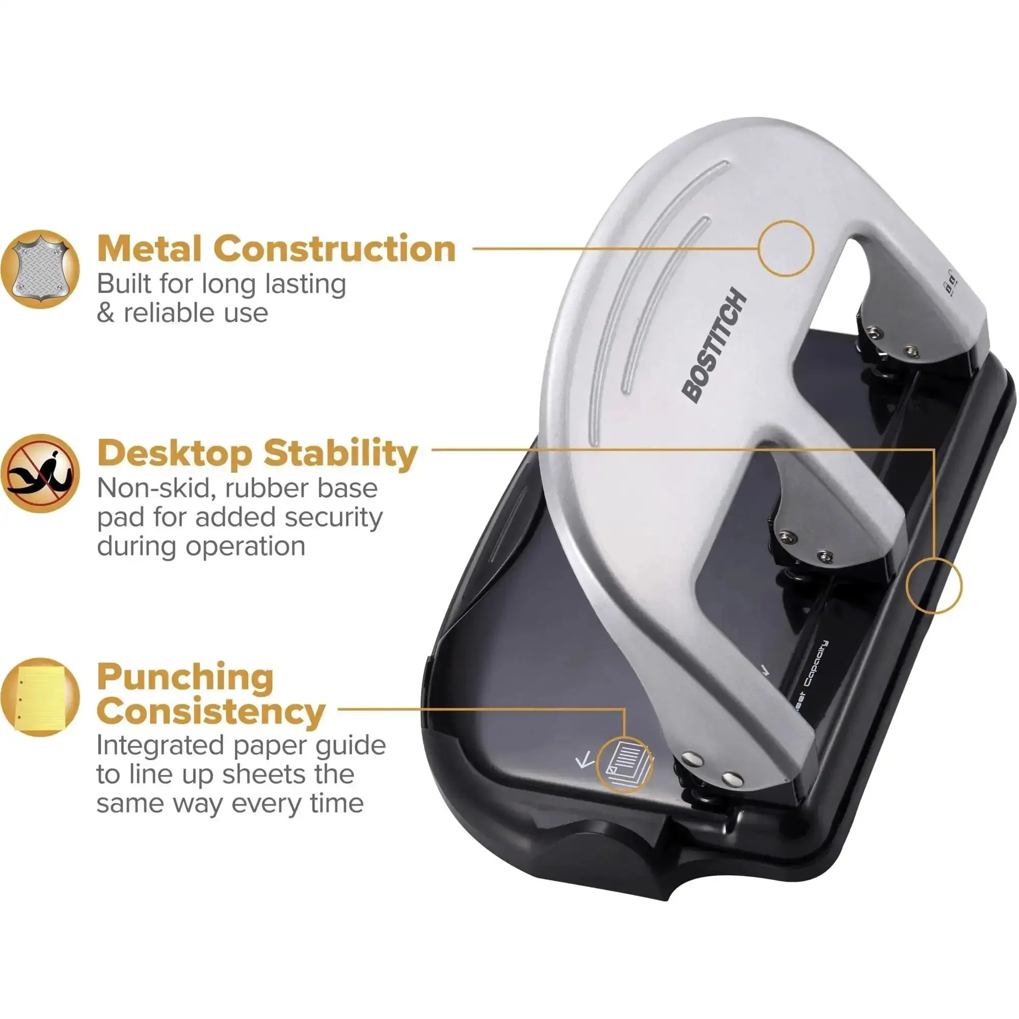 EZ Squeeze Three Hole Punch With No Jam Technology Pushing Through 40 Sheets Effortlessly For Home Office Use Heavy Duty Metal Office Punch For Fast Clean Holes Black And Silver - Image 7