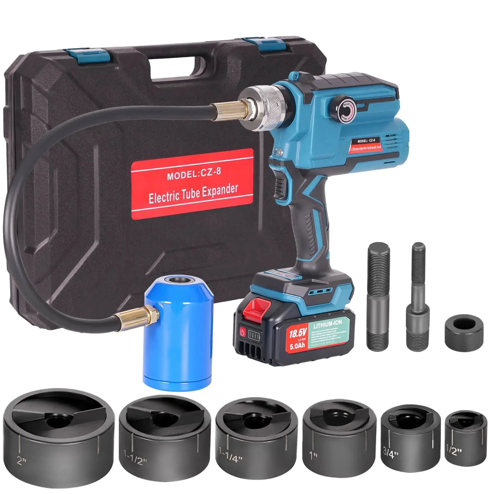 EZ8 Battery Hydraulic Knockout Punch Kit With Eight Ton Capacity For One Half To Two Inch Holes Slug Buster Draw Studs Battery Charger And Case Heavy Duty Pro Grade Tool For Steel Aluminum Stainless Fiberglass And Plastics