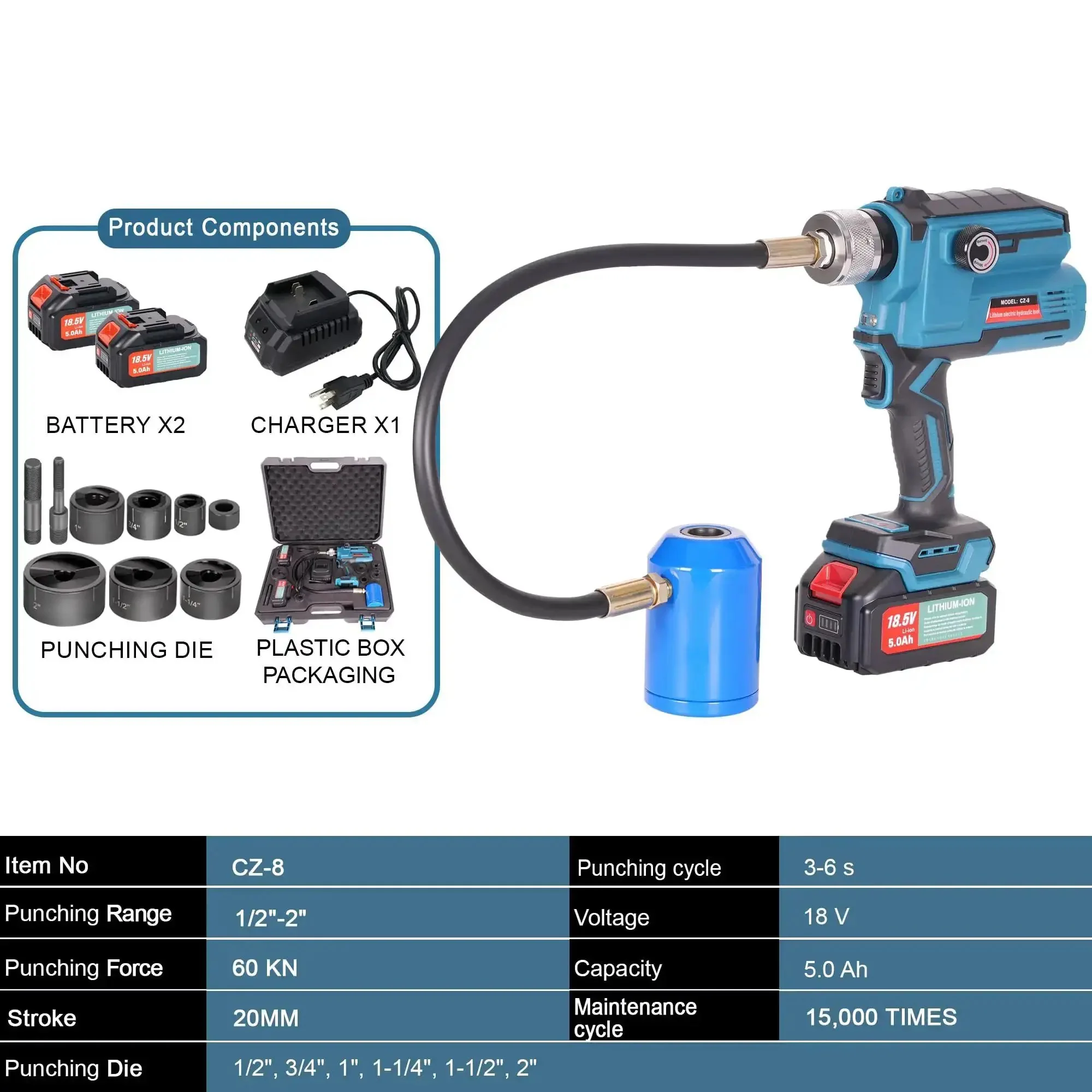 EZ8 Battery Hydraulic Knockout Punch Kit With Eight Ton Capacity For One Half To Two Inch Holes Slug Buster Draw Studs Battery Charger And Case Heavy Duty Pro Grade Tool For Steel Aluminum Stainless Fiberglass And Plastics - Image 6