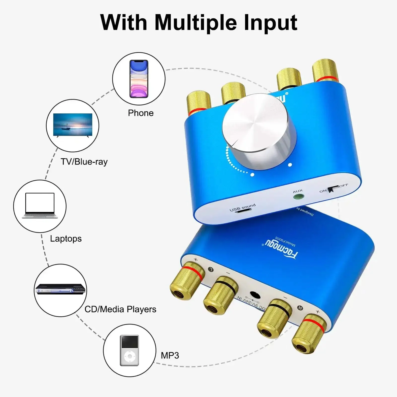 F900S 160W Mini Bluetooth 5.0 Power Amplifier With 2 Channel 80W X 2 Stereo Hi Fi Digital Amp Portable Wireless Audio Receiver And Speaker Amplifier AUX USB Bluetooth Input And 12V Power Supply - Image 5