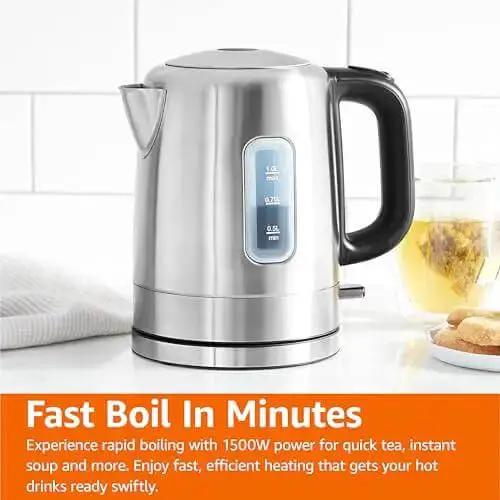 Fast Boil Electric Kettle For Tea And Coffee, Stainless Steel BPA Free, 1 Liter Capacity, 1500W Rapid Heat, Auto Shut Off And Boil Dry Protection, No Fuss Pour, Black And Silver - Image 2