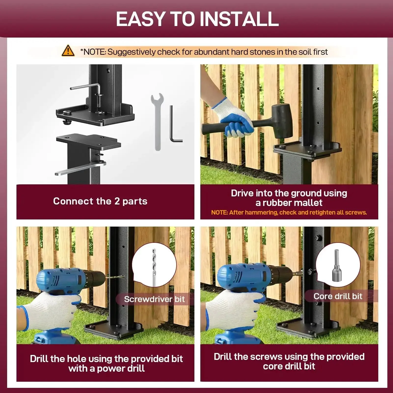 Fence Post Repair Kit, 4-Piece Heavy Duty Ground Stakes, Robust Quick Fix Wood Support For Broken Leaning Tilted Degraded Posts, Includes Gloves, Easy To Install, Black - Image 3