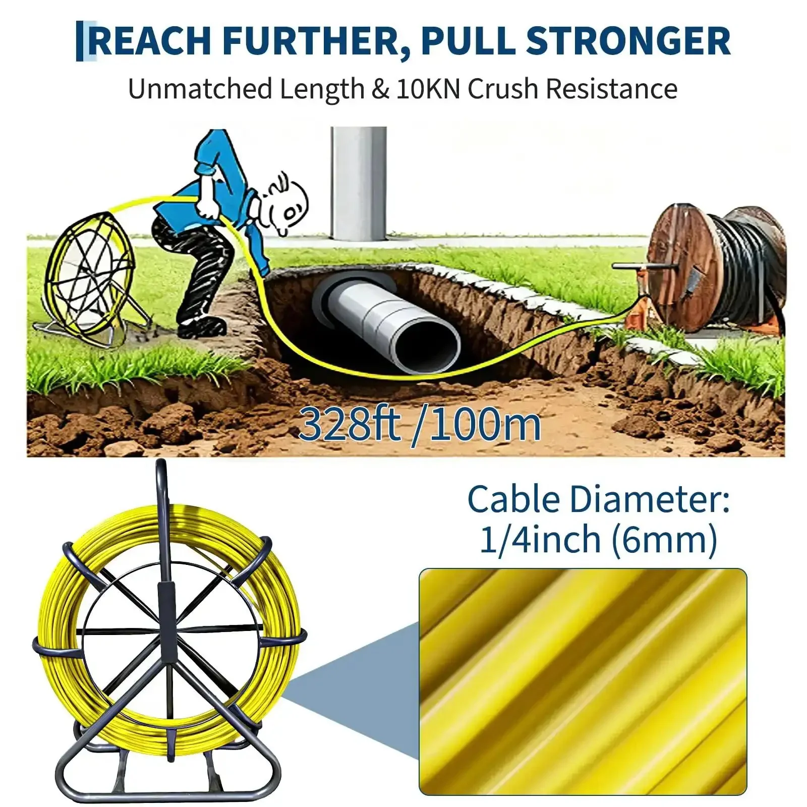 Fiberglass Fish Tape Pro Duct Rodder With Heavy Duty Cable Puller And Durable Steel Stand For Wire Installation In Conduits Walls And Floors Designed For Pros To Navigate Tight Bends And Long Runs - Image 7