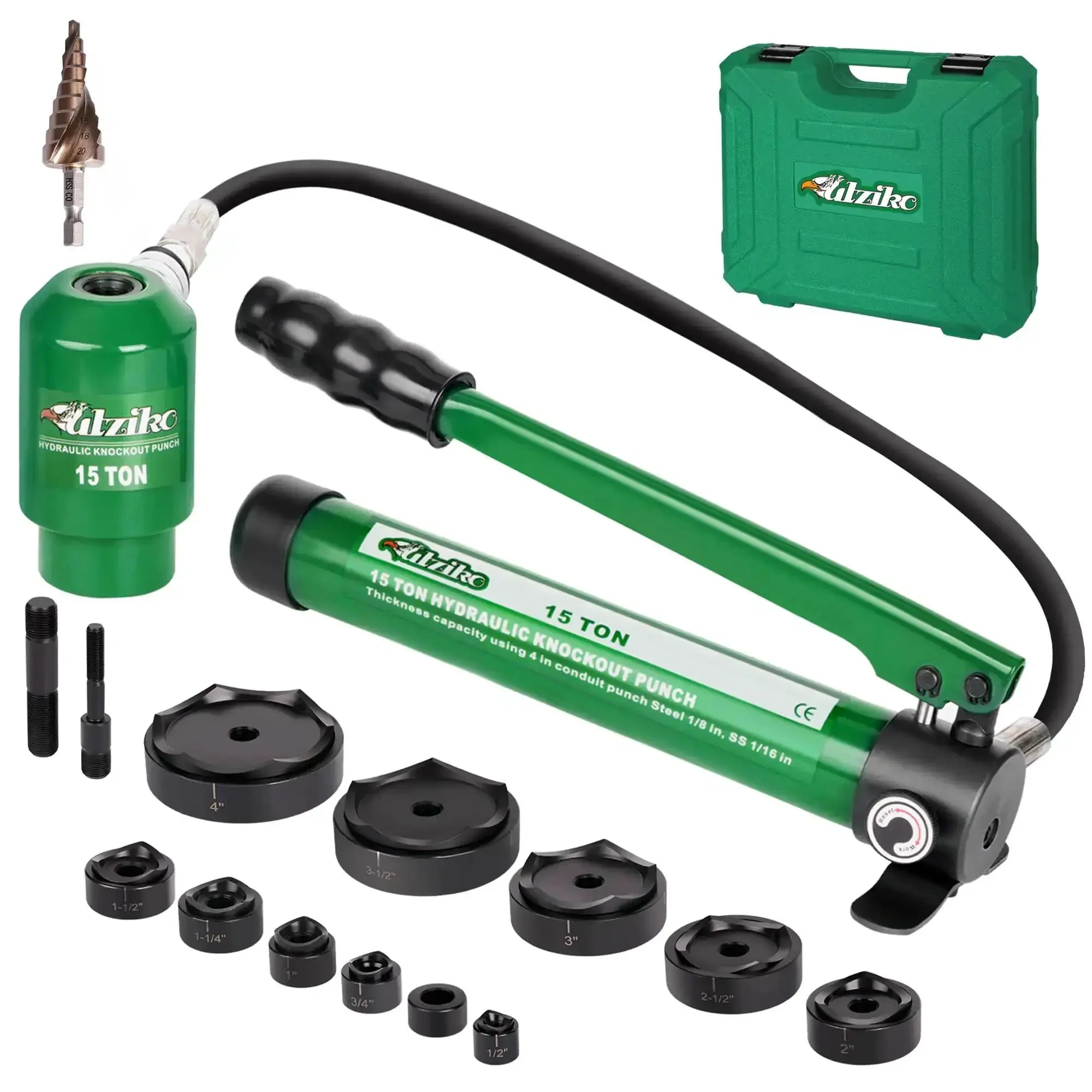 Fifteen Ton Heavy Duty Hydraulic Knockout Punch Kit One Half Inch To Four Inch Type D Punch And Die Set With Step Drill Bit For Electricians And Industrial Electrical Panels Pro Grade Tool