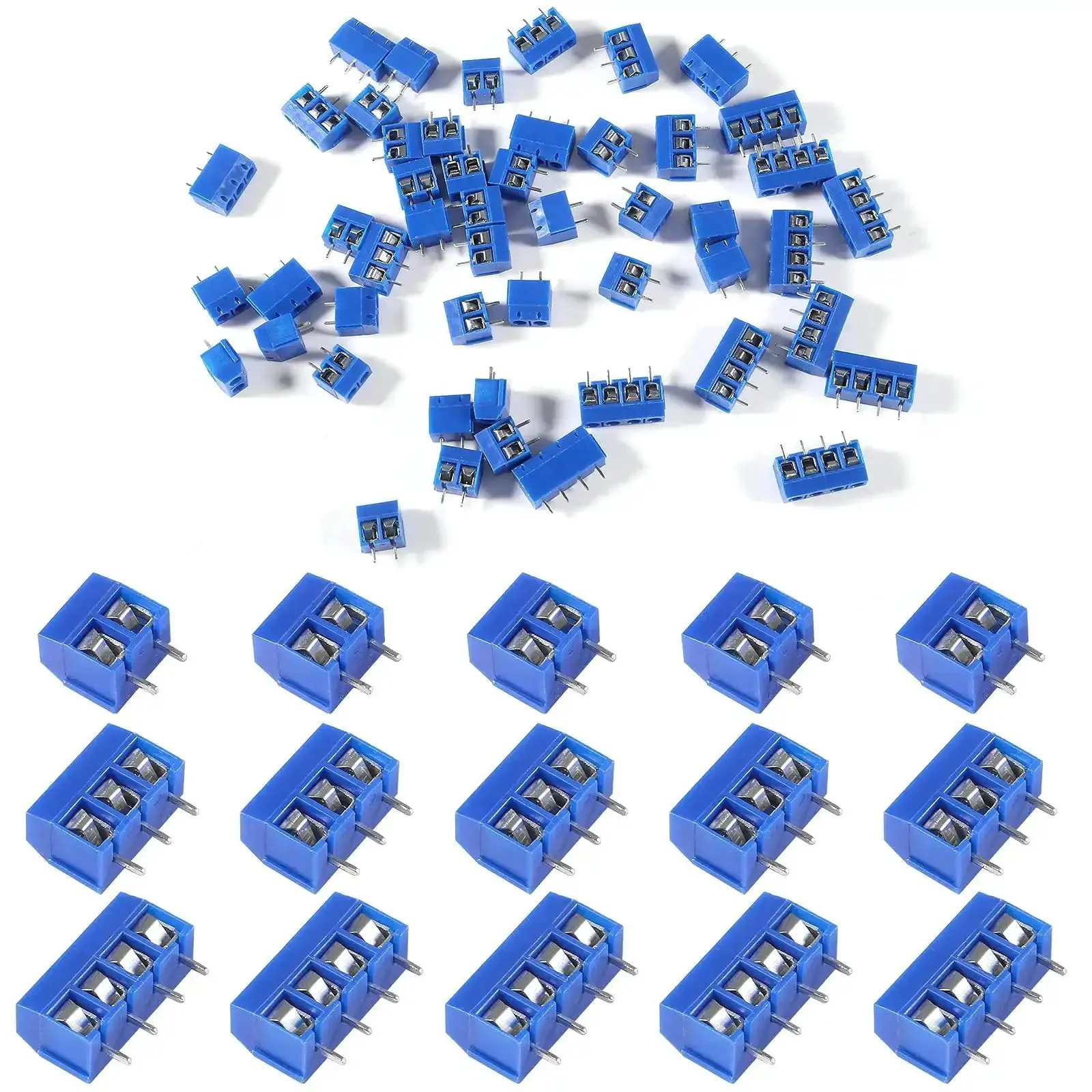 Fifty Piece 5.08mm Pitch PCB Mount Screw Terminal Block Connector Kit With 30 Two Pin 10 Three Pin And 10 Four Pin Units For Easy Wiring On 14 To 22 AWG