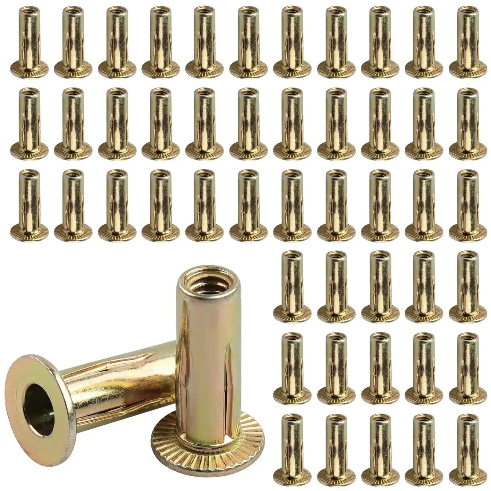 Fifty Piece Multi Grip Rivet Nut Kit With Carbon Steel Rivet Nuts In Zinc Plated Flat Head Pre Bulbed Shank One Quarter Twenty Threaded Inserts For Auto Body Repair And Fabrication Projects Heavy Duty Everyday Use
