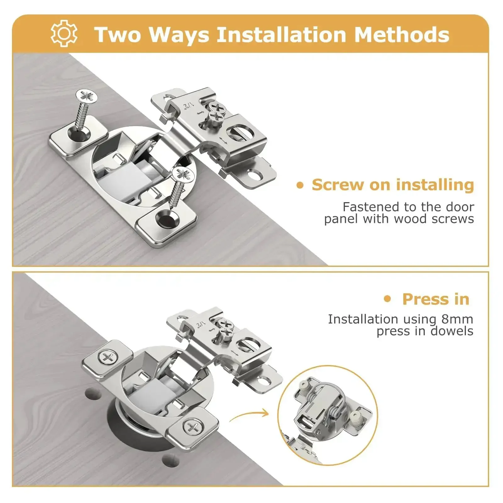 Fifty Piece One Half Inch Overlay Soft Close Concealed Cabinet Hinge Set For Face Frame Doors With Two Hole Flush Mount Detachable Damper For Speed Control 105 Degree Opening And 3D Adjustable For Perfect Alignment - Image 3