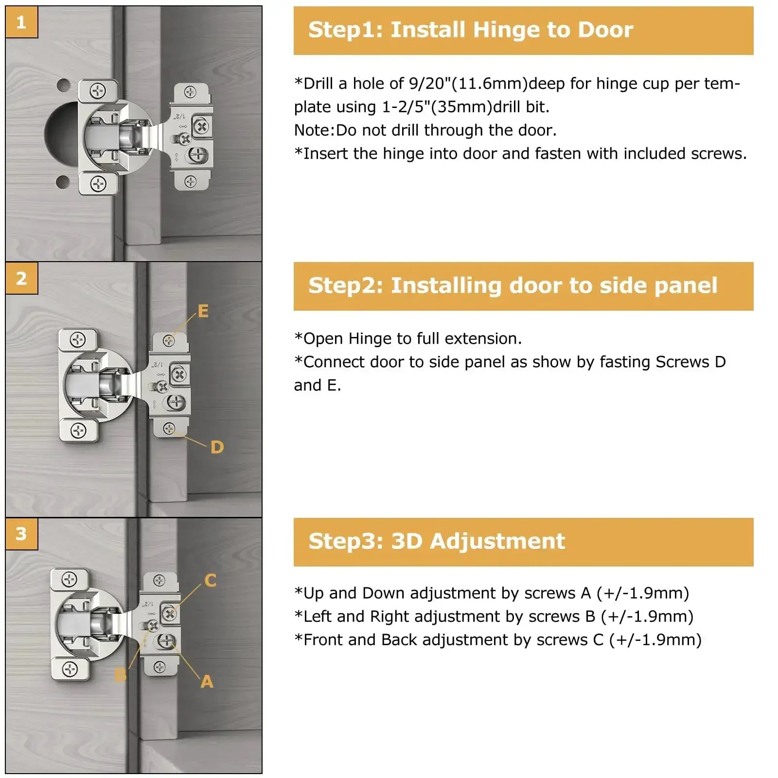 Fifty Piece One Half Inch Overlay Soft Close Concealed Cabinet Hinge Set For Face Frame Doors With Two Hole Flush Mount Detachable Damper For Speed Control 105 Degree Opening And 3D Adjustable For Perfect Alignment - Image 4