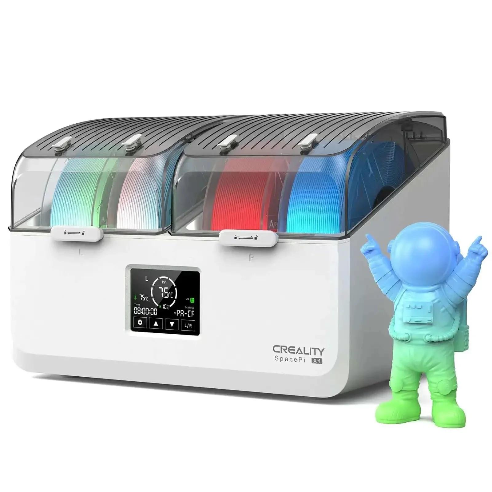 Filament Dryer Box For Four Spools With SpacePi X4L Dual Heating Chambers And Active Dehumidification Up To 75 Degrees C For PLA PETG ABS TPU Nylon And More Storage Ready With Multi Material Compatibility And Quick Heat Up