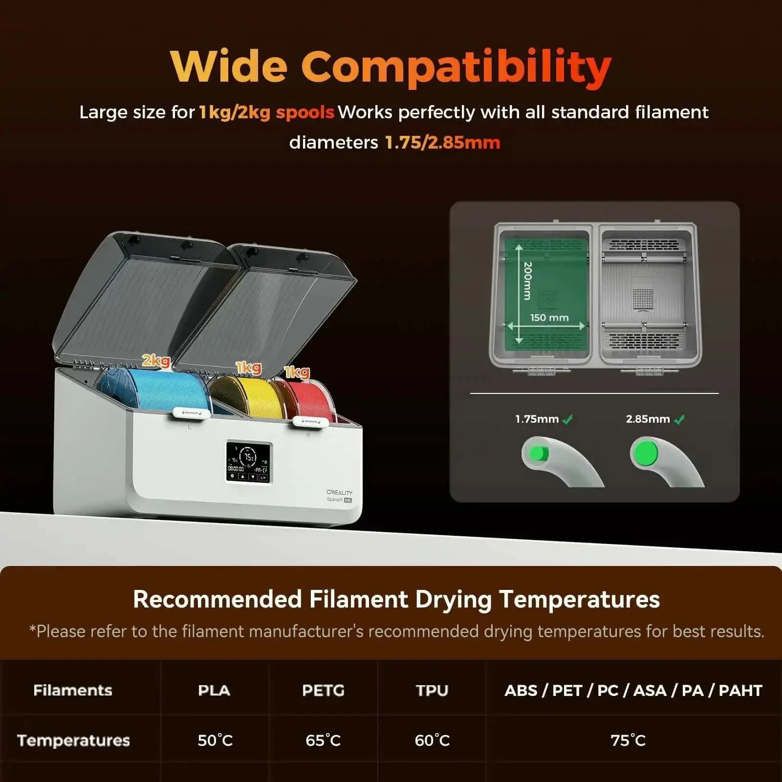 Filament Dryer Box For Four Spools With SpacePi X4L Dual Heating Chambers And Active Dehumidification Up To 75 Degrees C For PLA PETG ABS TPU Nylon And More Storage Ready With Multi Material Compatibility And Quick Heat Up - Image 6