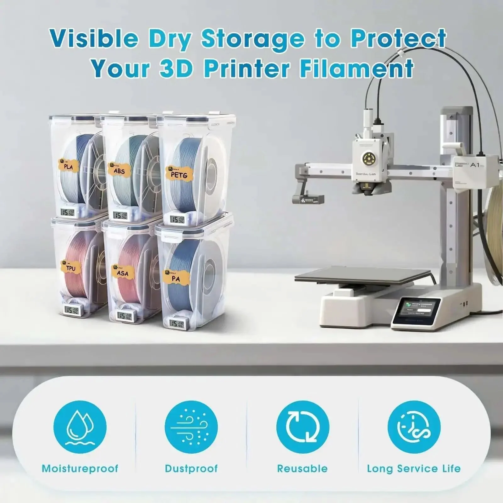 Filament Storage Box Set For 3D Printer Four Pack 4L Containers With Hygrometers Airtight Waterproof Dust Proof Design Reusable Desiccant Tube Cutter And Labels To Keep Spools Fresh And Dry - Image 3