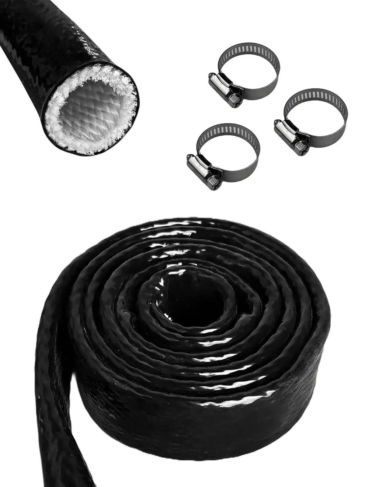 Fire Sleeve Heat Shield Three Eighth Inch ID Silicone Coated Fiberglass Heat Protection Five Foot Length Includes Three Stainless Steel Clamps For Automotive Hoses And Wiring Tough As Nails Extreme Heat Ready Black