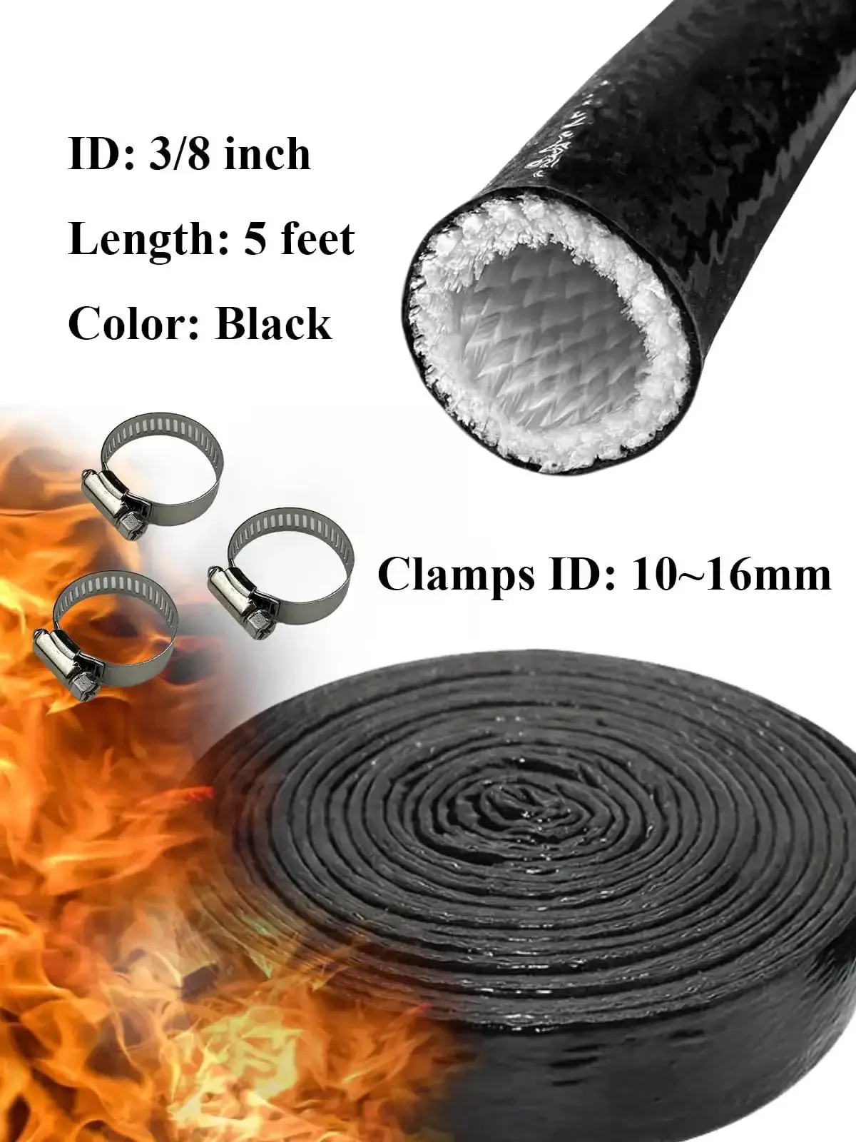 Fire Sleeve Heat Shield Three Eighth Inch ID Silicone Coated Fiberglass Heat Protection Five Foot Length Includes Three Stainless Steel Clamps For Automotive Hoses And Wiring Tough As Nails Extreme Heat Ready Black - Image 6