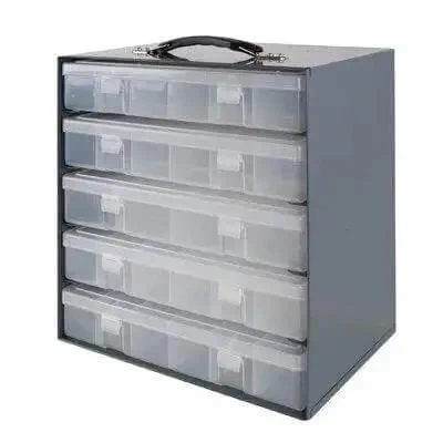 Five Drawer Small Parts Organizer For Plastic Storage Bins With Stackable Tops, Secure Transport With Offset Handle, Wall Or Panel Mount Ready, Durable Finish Built For Busy Workshops And Benchtops