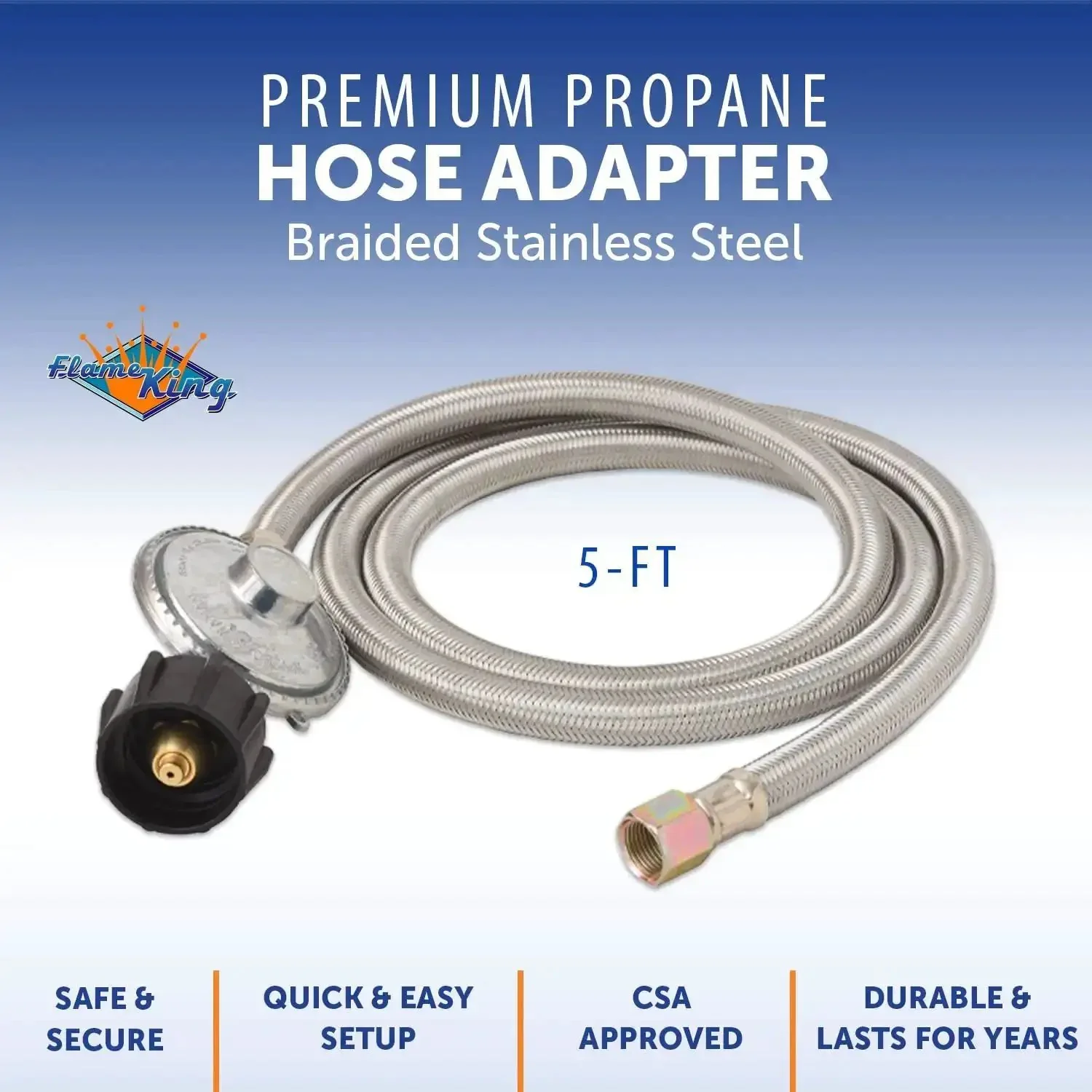 Five-Foot Universal QCC1 Low-Pressure Propane Regulator With Stainless Steel Braided Hose For Most LP Grills, Heaters, And Fire Pit Tables, Three-Eighths Inch Female Flare Nut, Easy Hookup, CSA Approved - Image 3