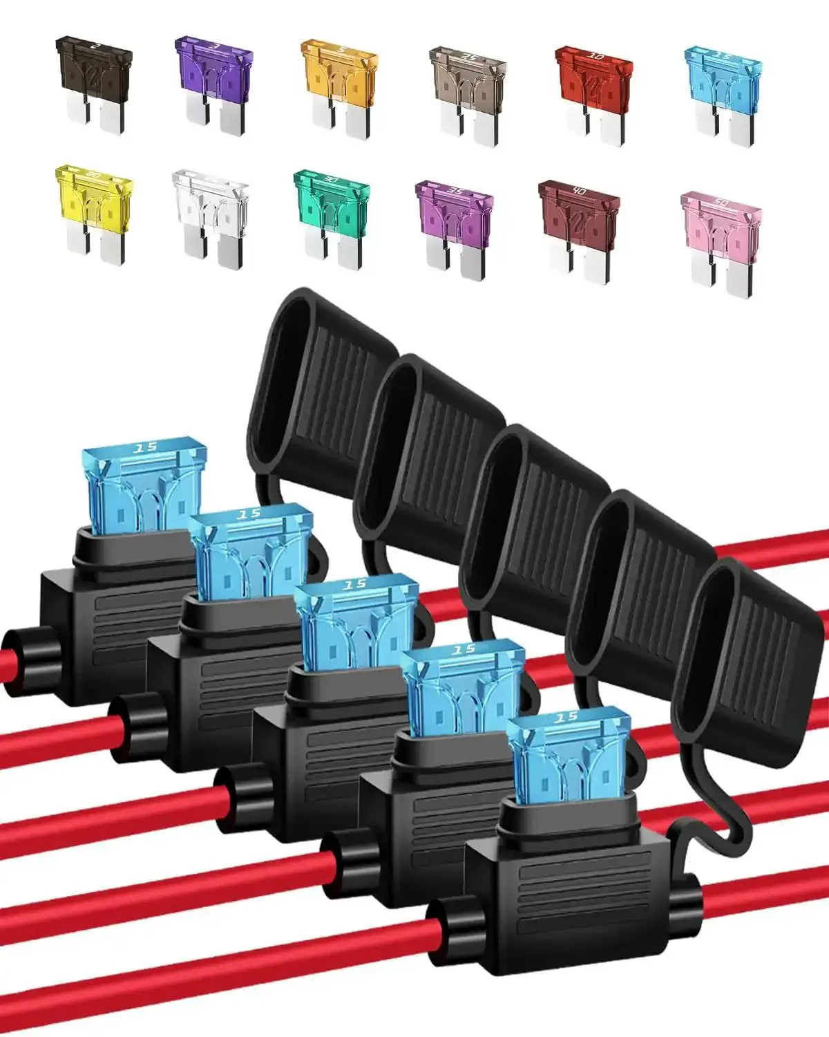 Five Pack 12 Gauge Inline Fuse Holder Kit With Sixty ATC ATO Blade Fuses Range 2A To 50A For Automotive Wiring, Durable Copper Conductors, Easy Bend, Safe Circuit Protection, Made For Cars Boats And RVs