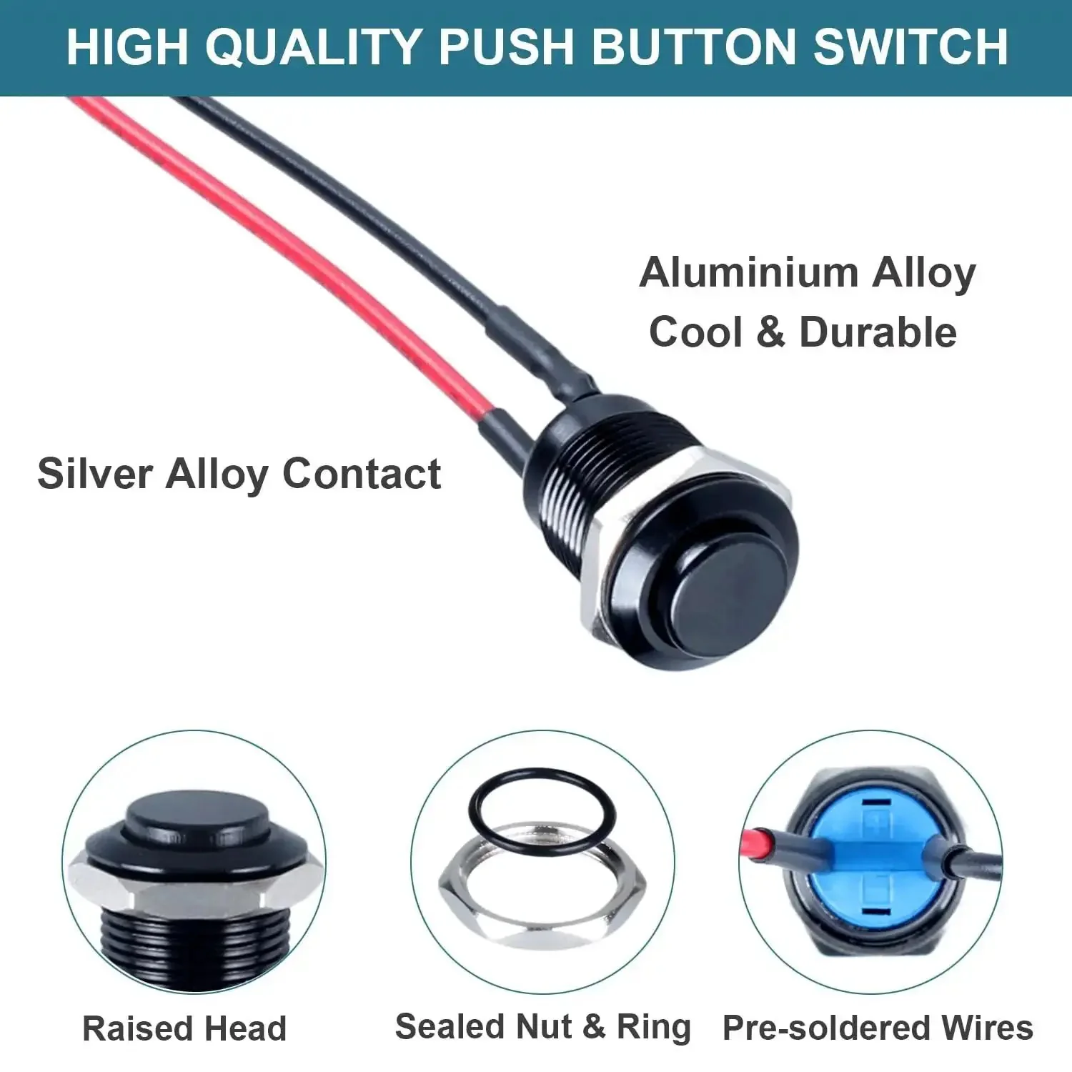 Five Pack 12mm Latching Push Button Switches With Raised Head On Off Normally Open Pre Soldered Cable Aluminum Alloy Shell Waterproof IP66 Without LED Black 12V 24V 36V 110V Compatible Durable Heavy Duty - Image 5