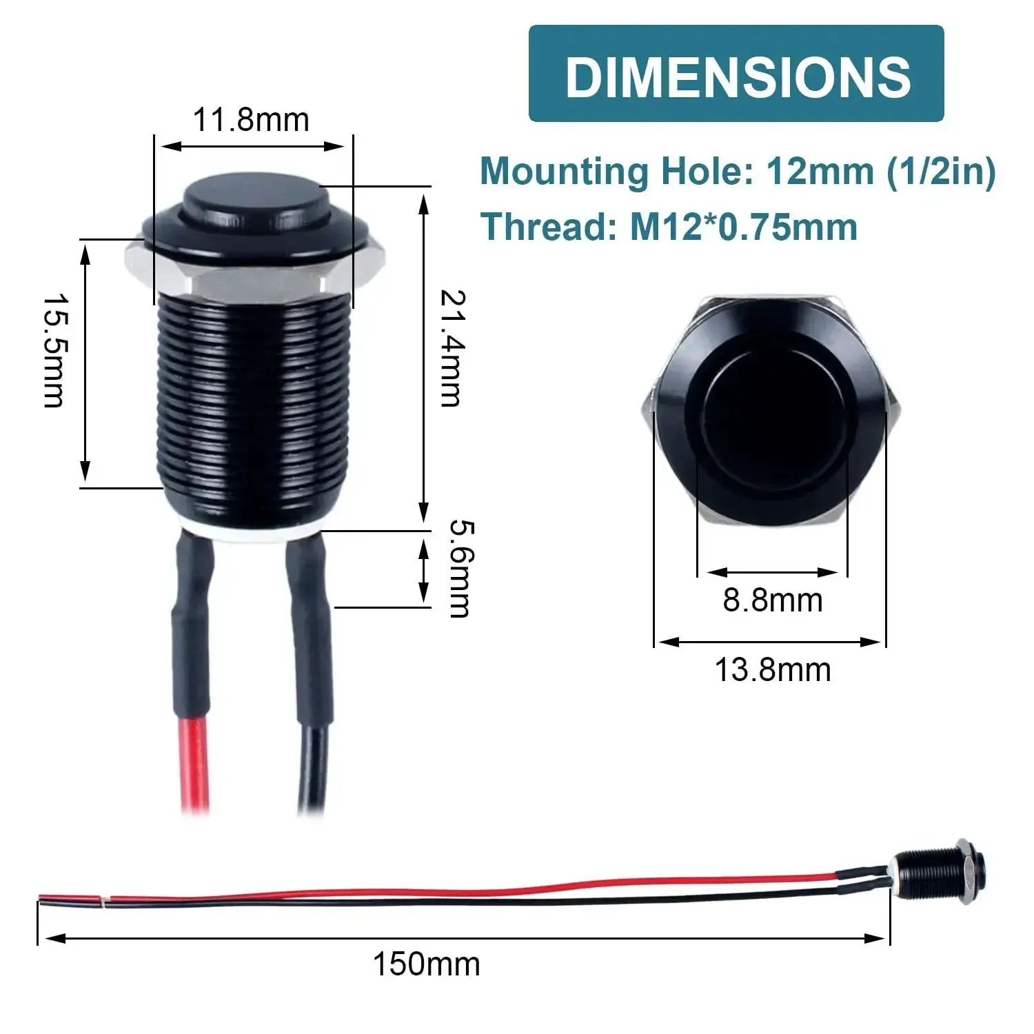 Five Pack 12mm Latching Push Button Switches With Raised Head On Off Normally Open Pre Soldered Cable Aluminum Alloy Shell Waterproof IP66 Without LED Black 12V 24V 36V 110V Compatible Durable Heavy Duty - Image 6