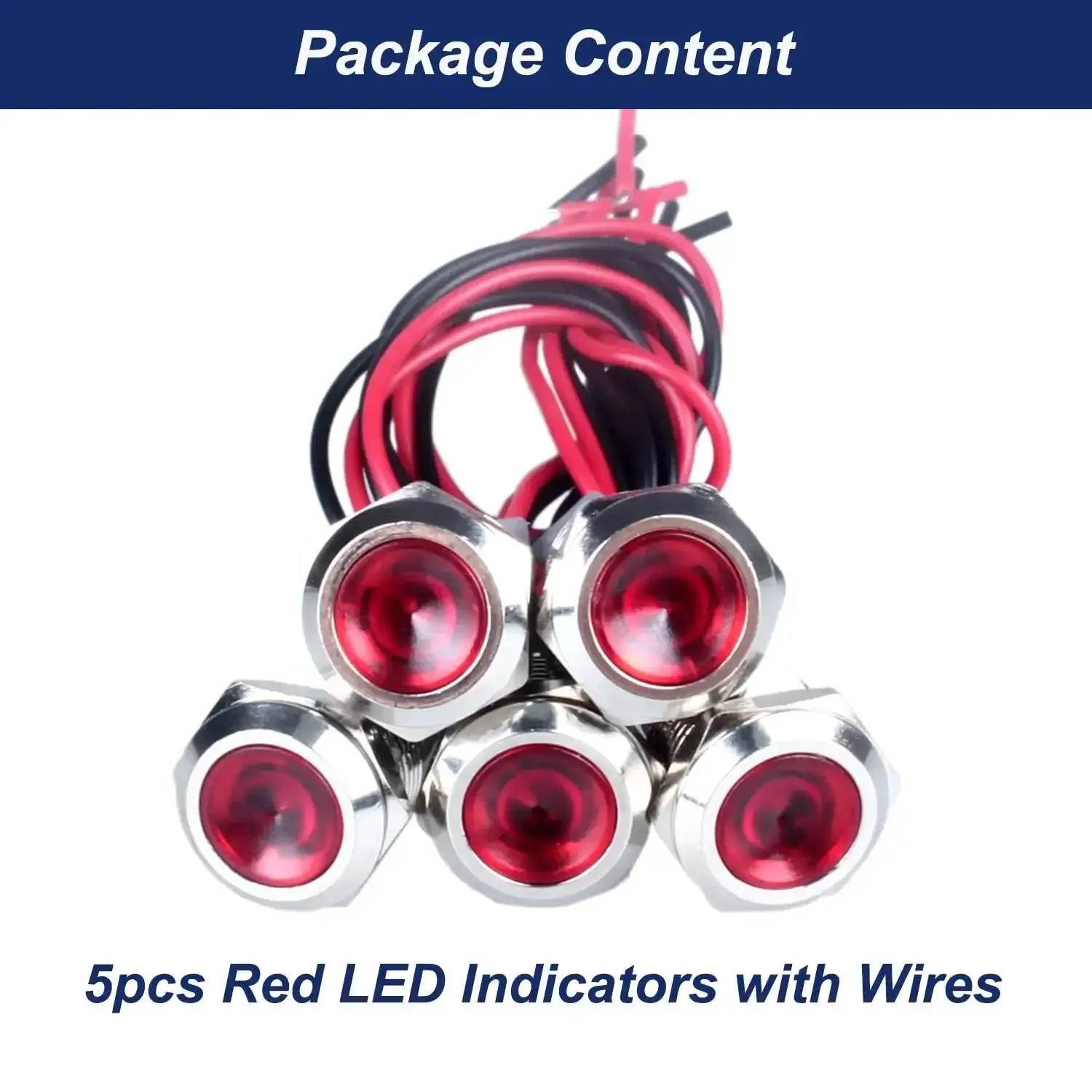 Five Pack 12mm LED Indicator Light 110 To 220 VAC Metal Shell Waterproof IP67 Super Bright With Wire One Half Inch Mounting Hole Red For Machine Tools And Household Appliances - Image 2
