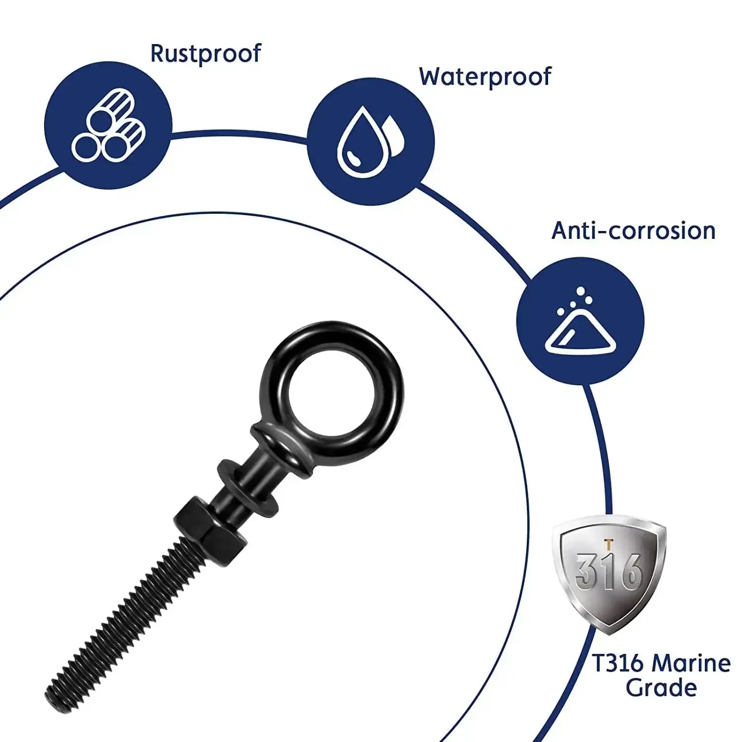 Five Pack 1/4 Inch T316 Stainless Steel Eyebolts For Beefy, Heavy Duty Lifting And Rigging, Marine Grade Corrosion Resistant Threaded Eyebolt Set With Nuts And Washers HF038B - Image 6