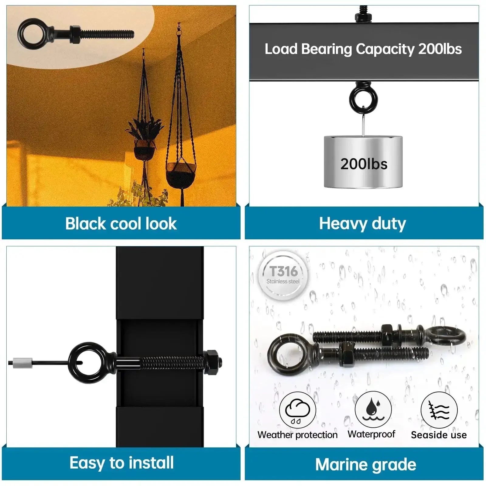 Five Pack 3 Inch Black Eye Bolts With Nuts Washers And Drill Bit T316 Stainless Marine Grade Beefy Heavy Duty Eyebolts With Shoulder Lifting Ring For Lifting And Mooring One Quarter Inch Thread UNC 3A - Image 4