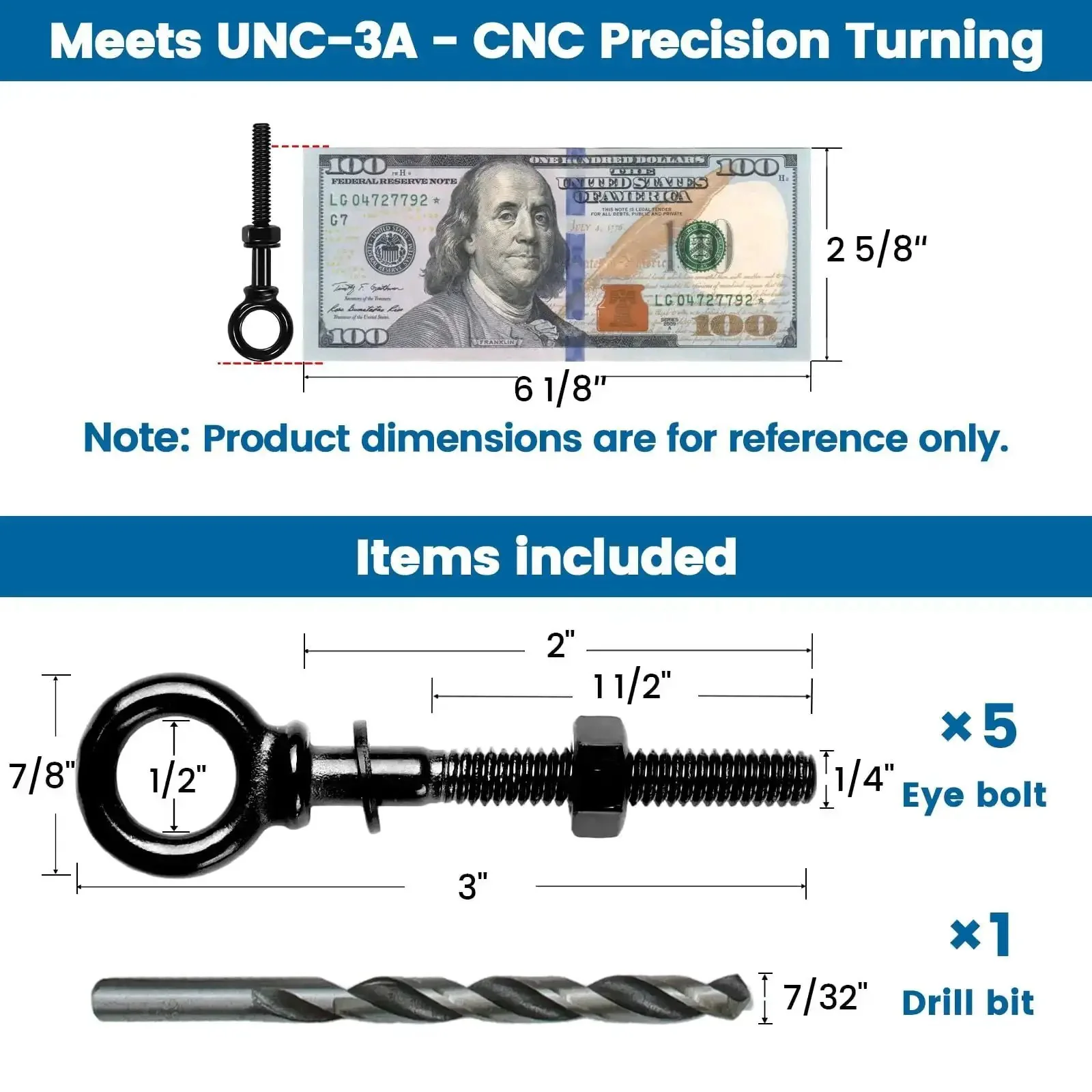 Five Pack 3 Inch Black Eye Bolts With Nuts Washers And Drill Bit T316 Stainless Marine Grade Beefy Heavy Duty Eyebolts With Shoulder Lifting Ring For Lifting And Mooring One Quarter Inch Thread UNC 3A - Image 5
