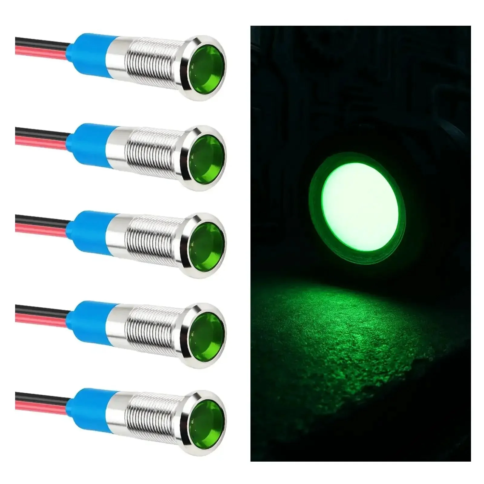 Five Pack 6mm Car LED Indicator Lights 12V With 147mm Wire IP66 Water Resistant Signal Lamps High Bright Beads For Replacing Brake Lights For Your Ride Metal Car Accessories Push Button Switch Green