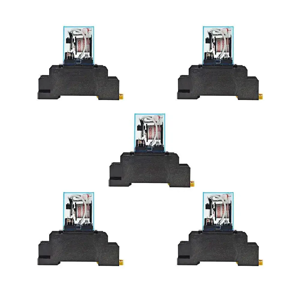 Five Pack DC 12V Coil Power Relay DPDT Eight Pin 10A With Socket Base LY2NJ HH62P JQX-13F For Auto Tech Hobbyists DIY Projects Workshops And Home Safety Circuits