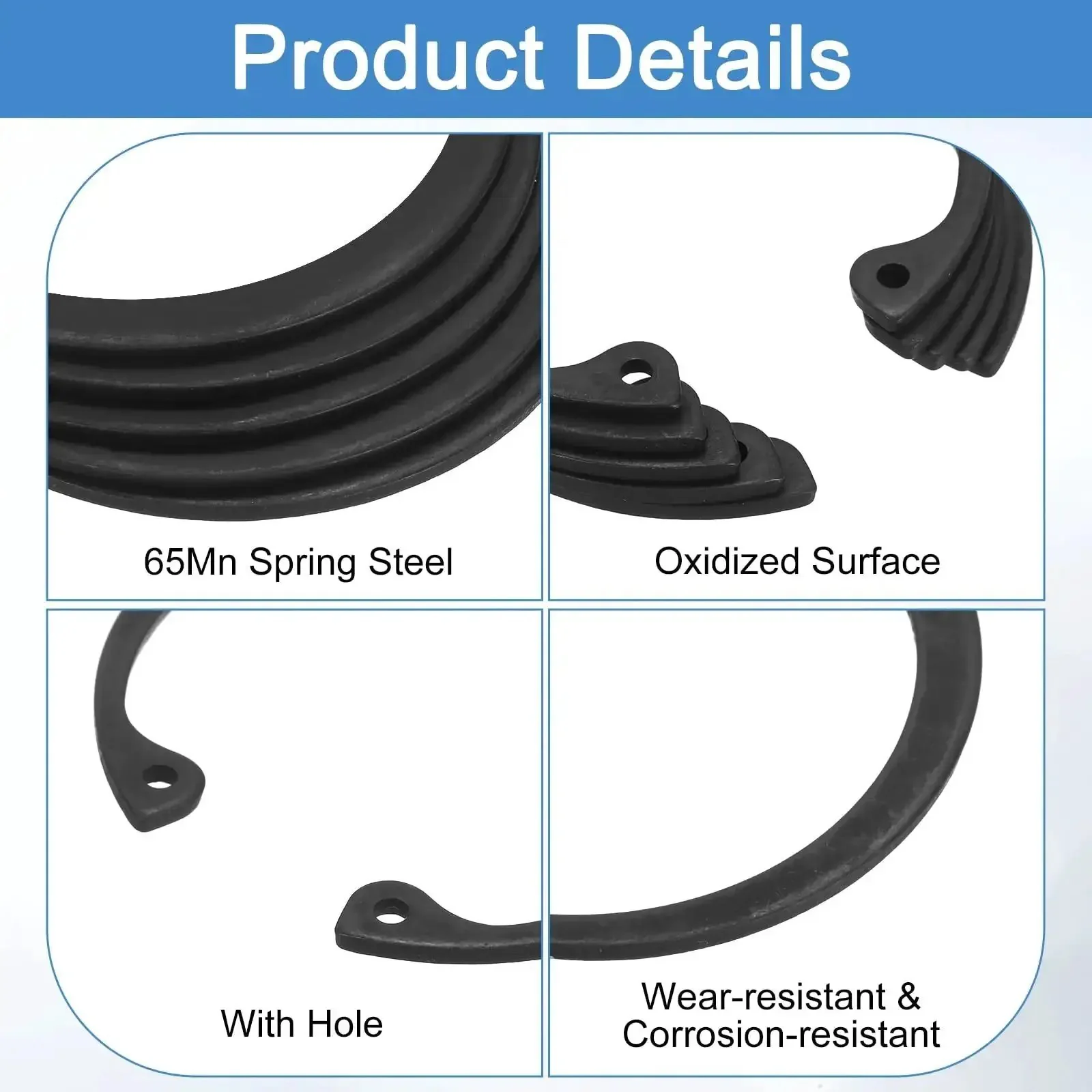 Five Pack Internal Retaining Ring Circlip Set 2.52 Inch Outer Diameter 2.25 Inch Inner Hole 0.08 Inch Thick 65Mn Spring Steel With Black Oxide Finish For Grooved Shafts And Studs - Image 5