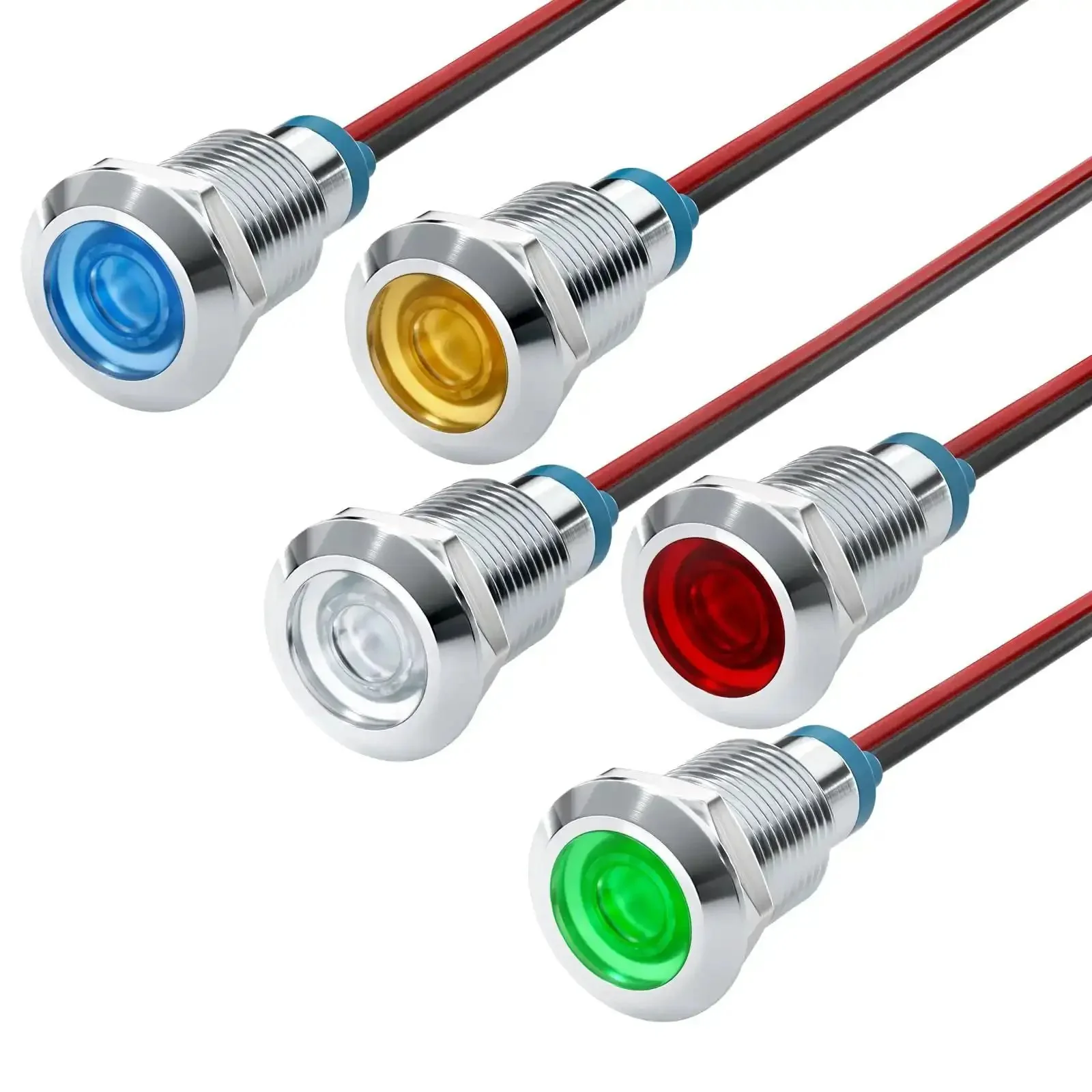 Five Pack LED Indicator Lights 12V to 24V Waterproof IP65 Metal Signal Lamps with 10mm Mounting Hole and 150mm Wires for Cars Trucks Boats Multicolor Red Yellow Blue Green White Durable Automotive Indicator Lamp Set