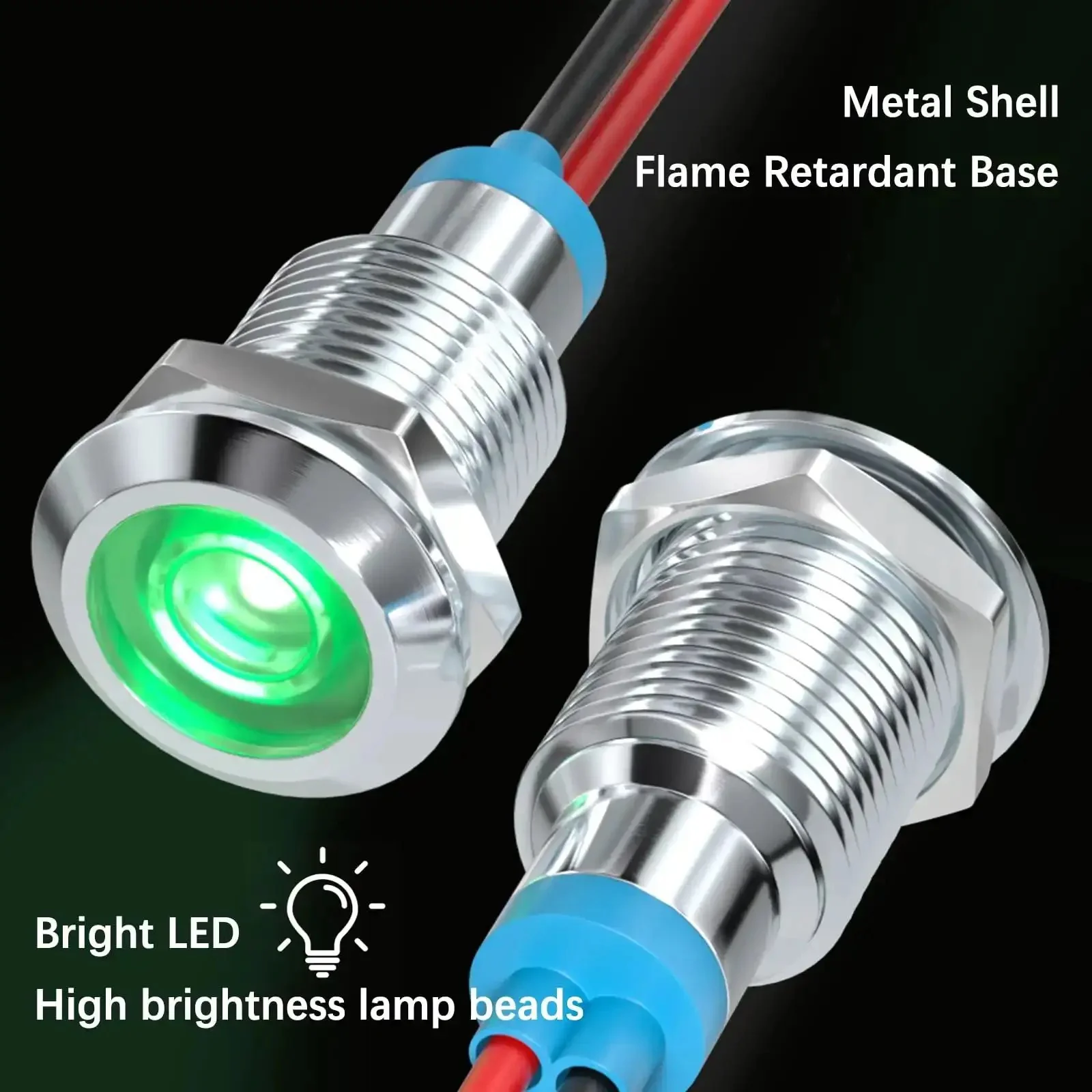 Five Pack LED Indicator Lights 12V to 24V Waterproof IP65 Metal Signal Lamps with 10mm Mounting Hole and 150mm Wires for Cars Trucks Boats Multicolor Red Yellow Blue Green White Durable Automotive Indicator Lamp Set - Image 3
