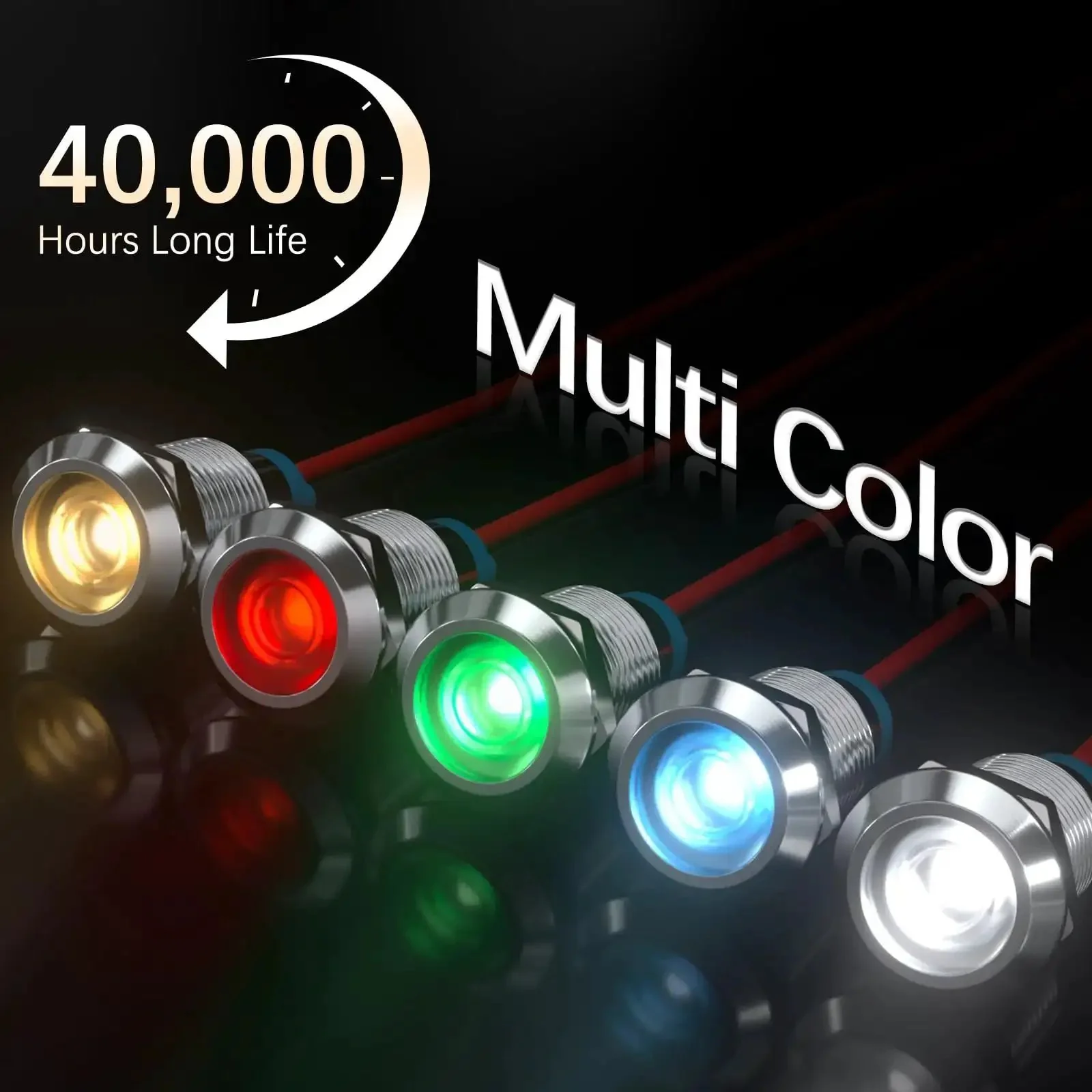 Five Pack LED Indicator Lights 12V to 24V Waterproof IP65 Metal Signal Lamps with 10mm Mounting Hole and 150mm Wires for Cars Trucks Boats Multicolor Red Yellow Blue Green White Durable Automotive Indicator Lamp Set - Image 4