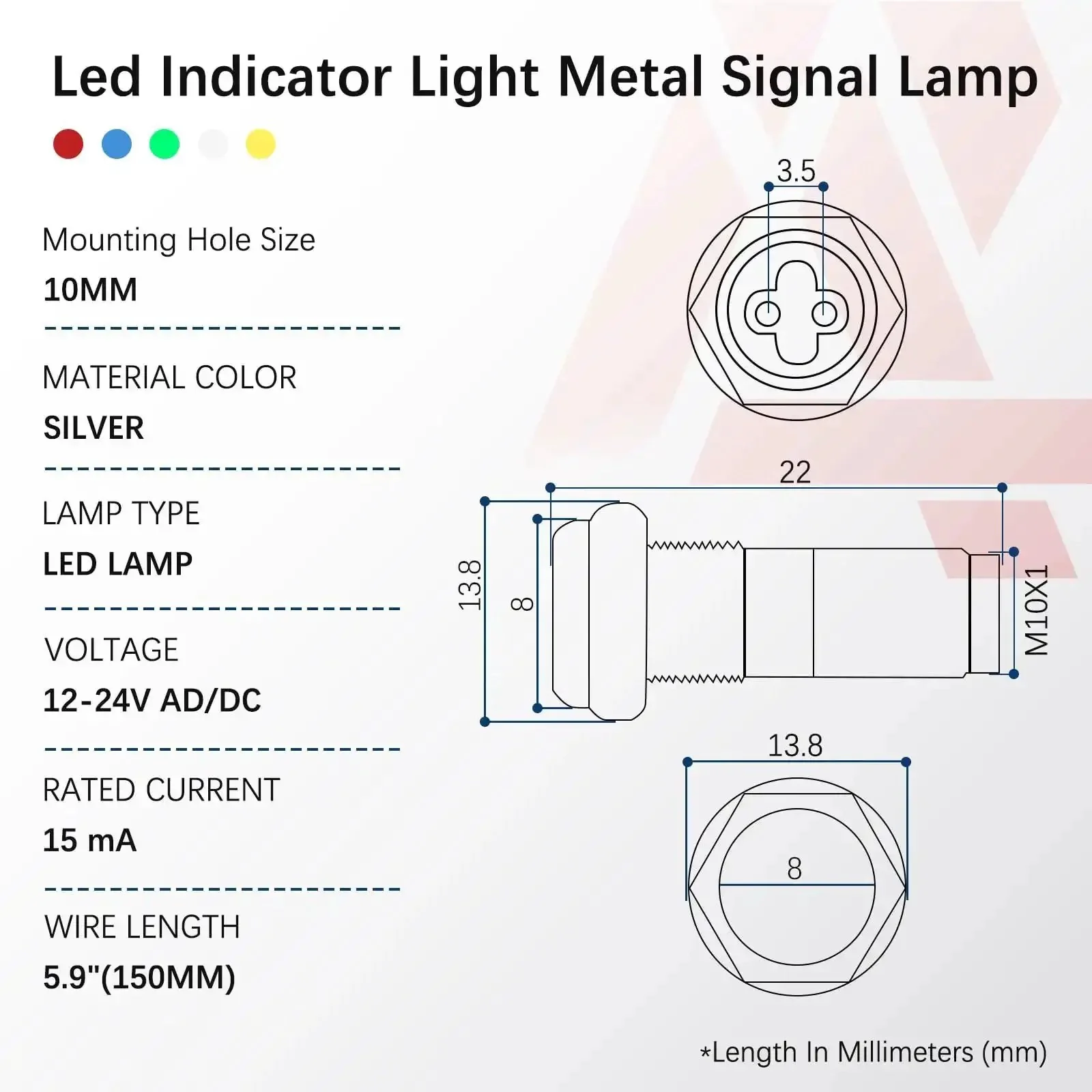 Five Pack LED Indicator Lights 12V to 24V Waterproof IP65 Metal Signal Lamps with 10mm Mounting Hole and 150mm Wires for Cars Trucks Boats Multicolor Red Yellow Blue Green White Durable Automotive Indicator Lamp Set - Image 6