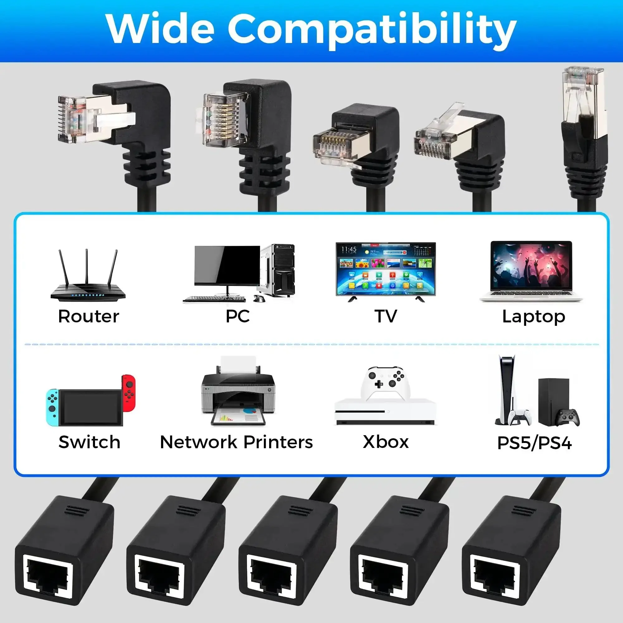 Five Pack Multi Angle Cat6 Ethernet Extension Cables With Up Down Left Right Straight Angles For A Kink Free Setup Shielded FTP RJ45 Patch Cords Male To Female Connectors Backward Compatible With Cat5e Cat5 0.6 Feet - Image 2