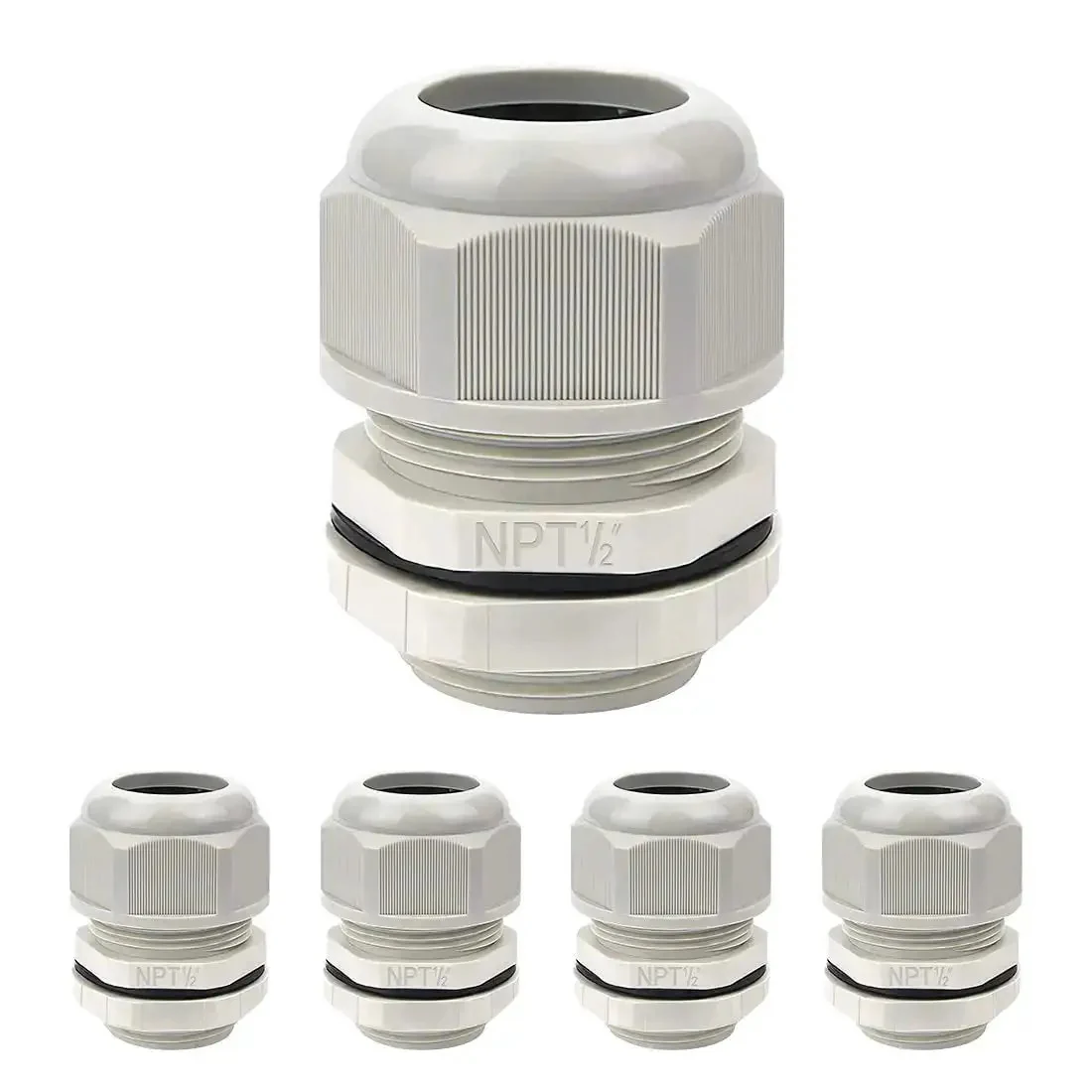 Five Pack NPT One Half Inch Cable Glands Waterproof And Adjustable For Cables And Wires From Six To Twelve Millimeter Grey Nylon Joints With Gaskets For Electrical Enclosures And Weatherproof Wiring Projects