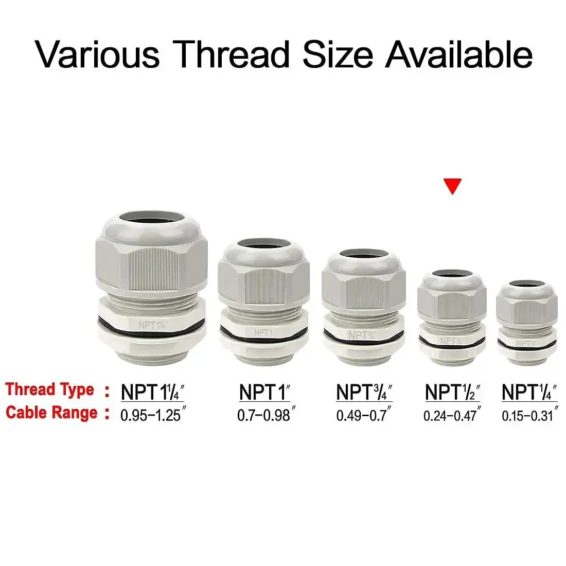Five Pack NPT One Half Inch Cable Glands Waterproof And Adjustable For Cables And Wires From Six To Twelve Millimeter Grey Nylon Joints With Gaskets For Electrical Enclosures And Weatherproof Wiring Projects - Image 4