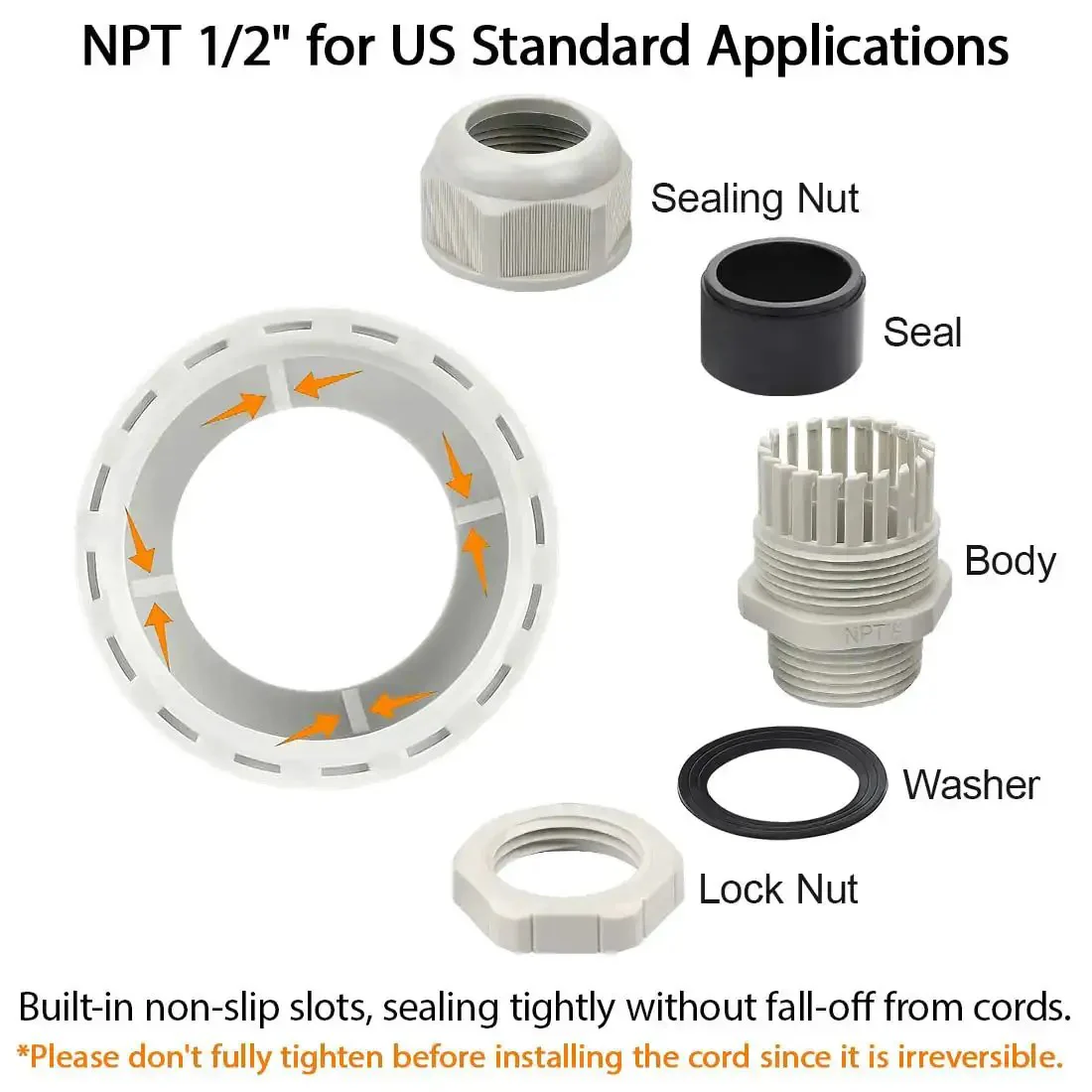 Five Pack NPT One Half Inch Cable Glands Waterproof And Adjustable For Cables And Wires From Six To Twelve Millimeter Grey Nylon Joints With Gaskets For Electrical Enclosures And Weatherproof Wiring Projects - Image 5