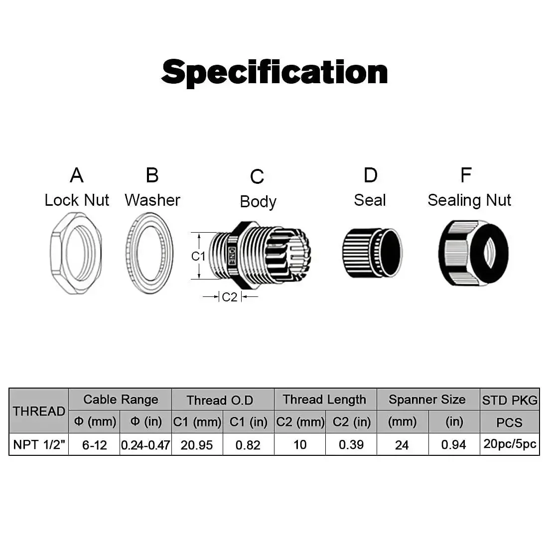 Five Pack NPT One Half Inch Cable Glands Waterproof And Adjustable For Cables And Wires From Six To Twelve Millimeter Grey Nylon Joints With Gaskets For Electrical Enclosures And Weatherproof Wiring Projects - Image 7