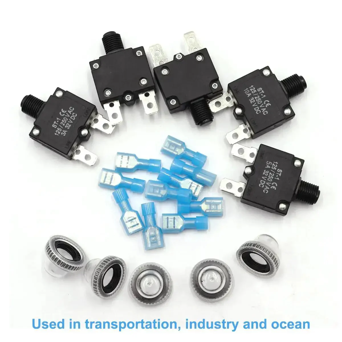 Five Pack Push Button Circuit Breakers With Manual Reset 3A 5A 10A 15A 20A 125/250V AC And 32V DC Quick Connect Terminals Waterproof Button Caps Thermal Overload Protection Drop In Replacement Built Tough - Image 2