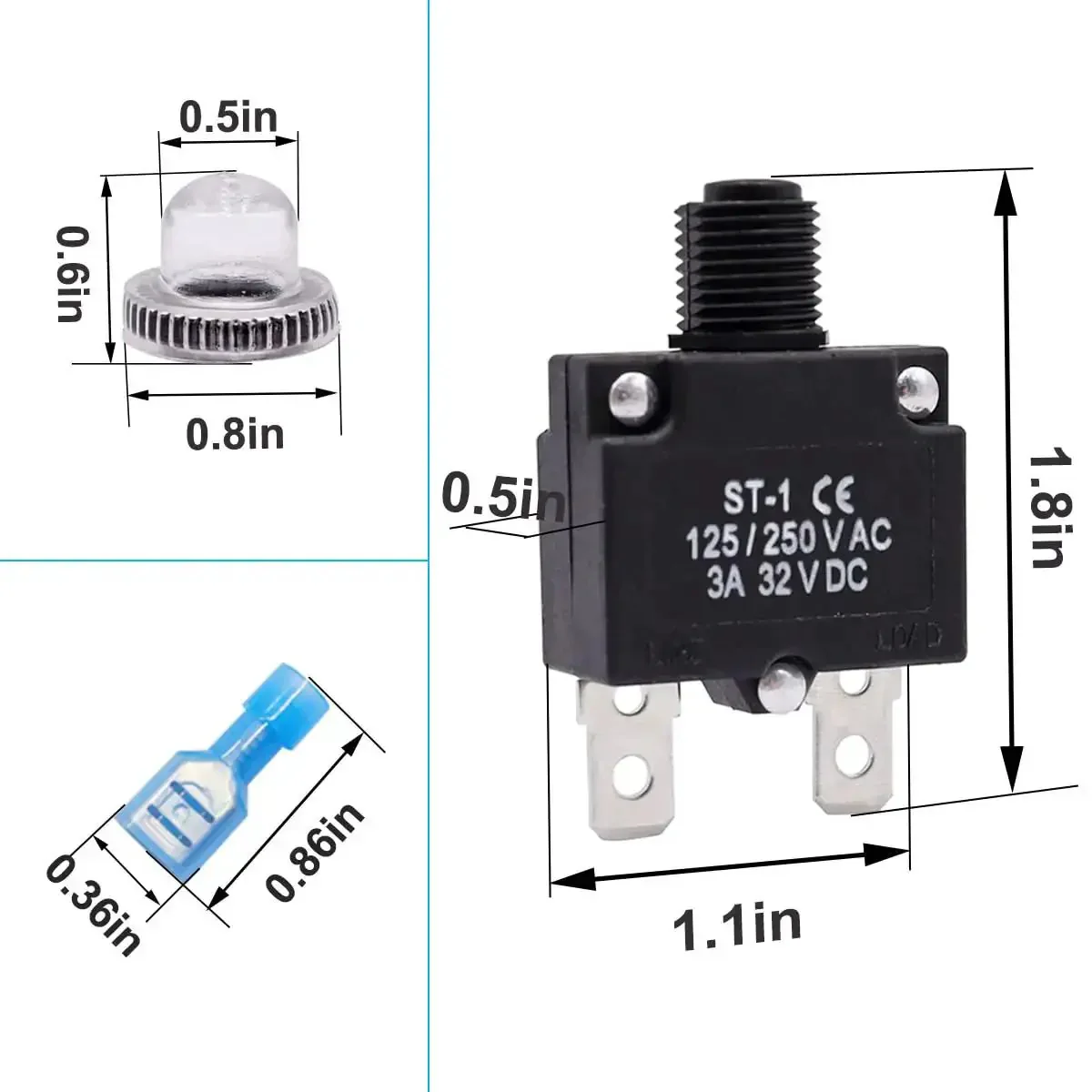 Five Pack Push Button Circuit Breakers With Manual Reset 3A 5A 10A 15A 20A 125/250V AC And 32V DC Quick Connect Terminals Waterproof Button Caps Thermal Overload Protection Drop In Replacement Built Tough - Image 5