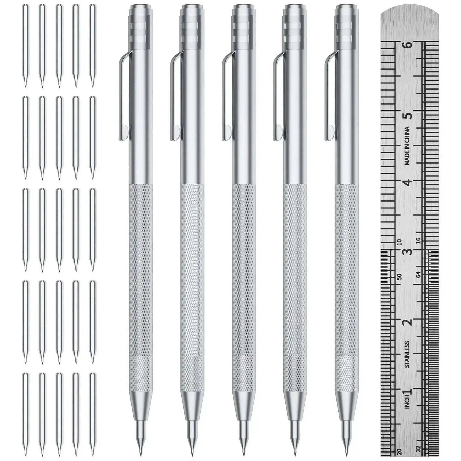 Five Pack Tungsten Carbide Scriber Set With 25 Replacement Tips Magnetic Engraving Pen And A 6 Inch Stainless Steel Ruler Knurled Aluminum Handle For Glass Ceramics And Metal Projects