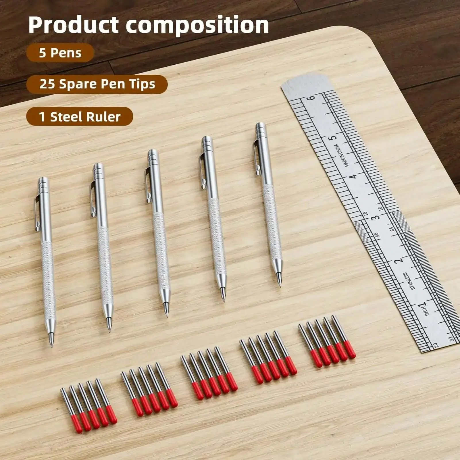 Five Pack Tungsten Carbide Scriber Set With 25 Replacement Tips Magnetic Engraving Pen And A 6 Inch Stainless Steel Ruler Knurled Aluminum Handle For Glass Ceramics And Metal Projects - Image 6