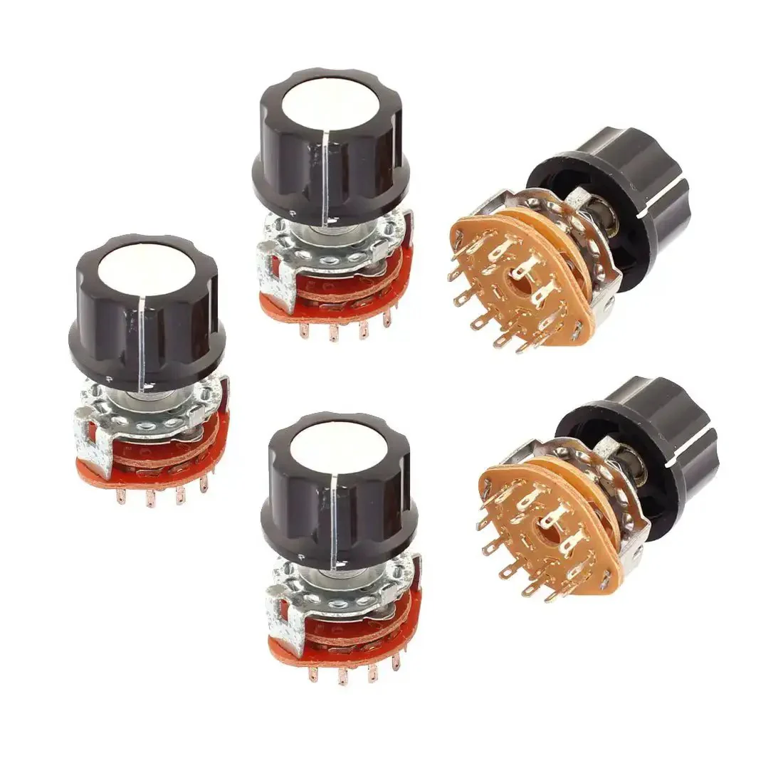 Five Pack Two Pole Six Position Channel Selector Rotary Switches For DIY Projects Compact 30x25x38mm Built Tough Metal And Plastic Build Easy Mount With 9mm Thread Black Silver Brown Knobs
