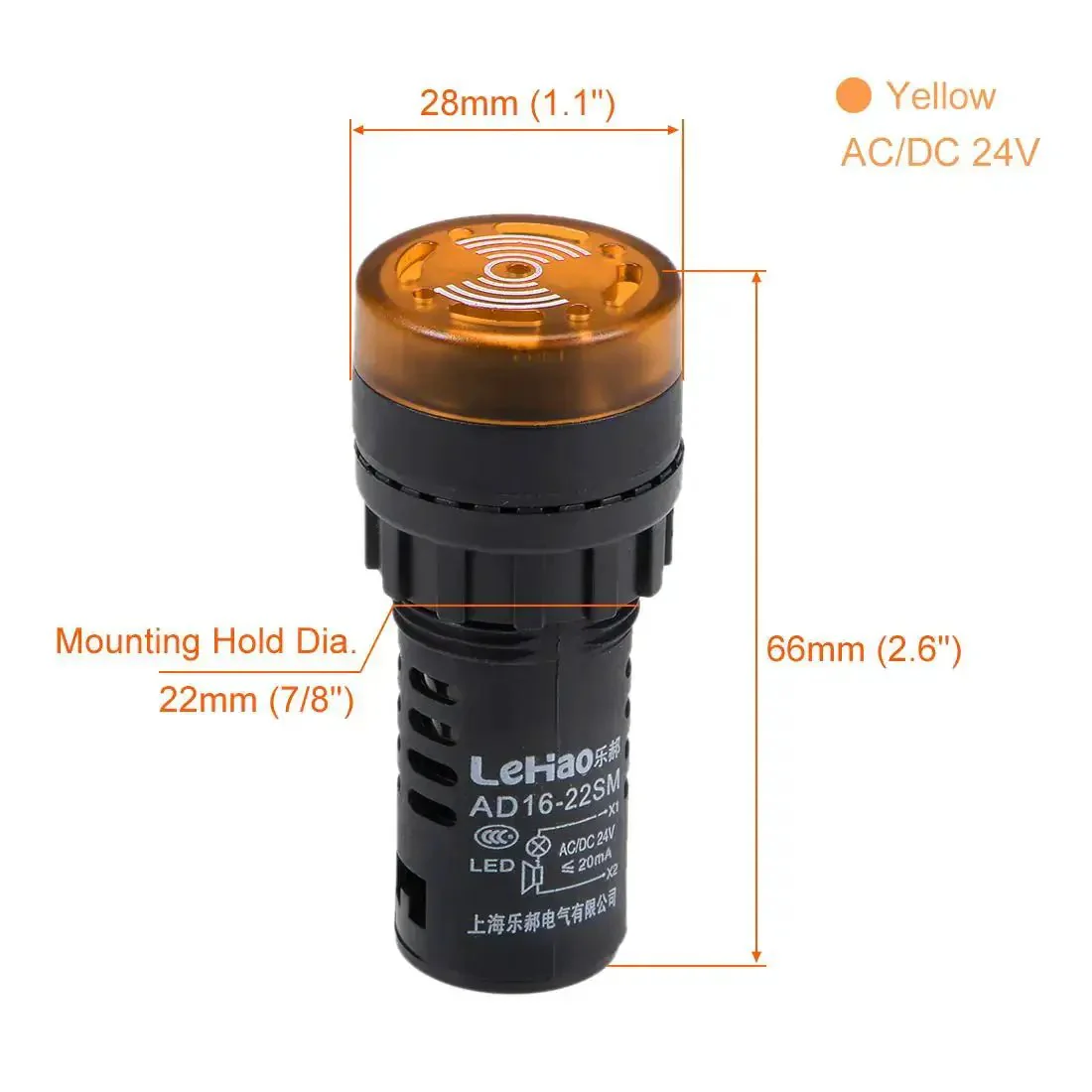 Five Pack Yellow Indicator Light With Buzzer AC And DC 24V, 22mm Panel Mount Flashing Alarm For Electrical Control Panels HVAC DIY Projects High Brightness Loud Buzzer Easy Install - Image 7