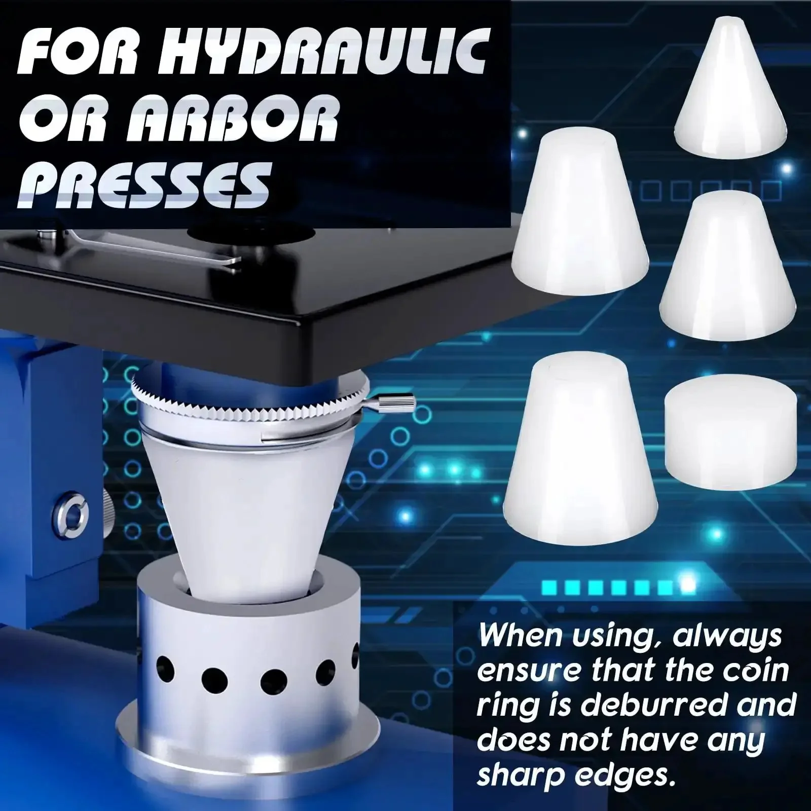 Five Piece Coin Ring Making Tools Folding Cone Set Including One Quarter Inch One Half Inch Five Eighths Inch And Three Fourths Inch Dies With Spacer Disc For Deep Mold Casting And Precise Hole Expansion In Jewelry Making Gear Must Have - Image 2