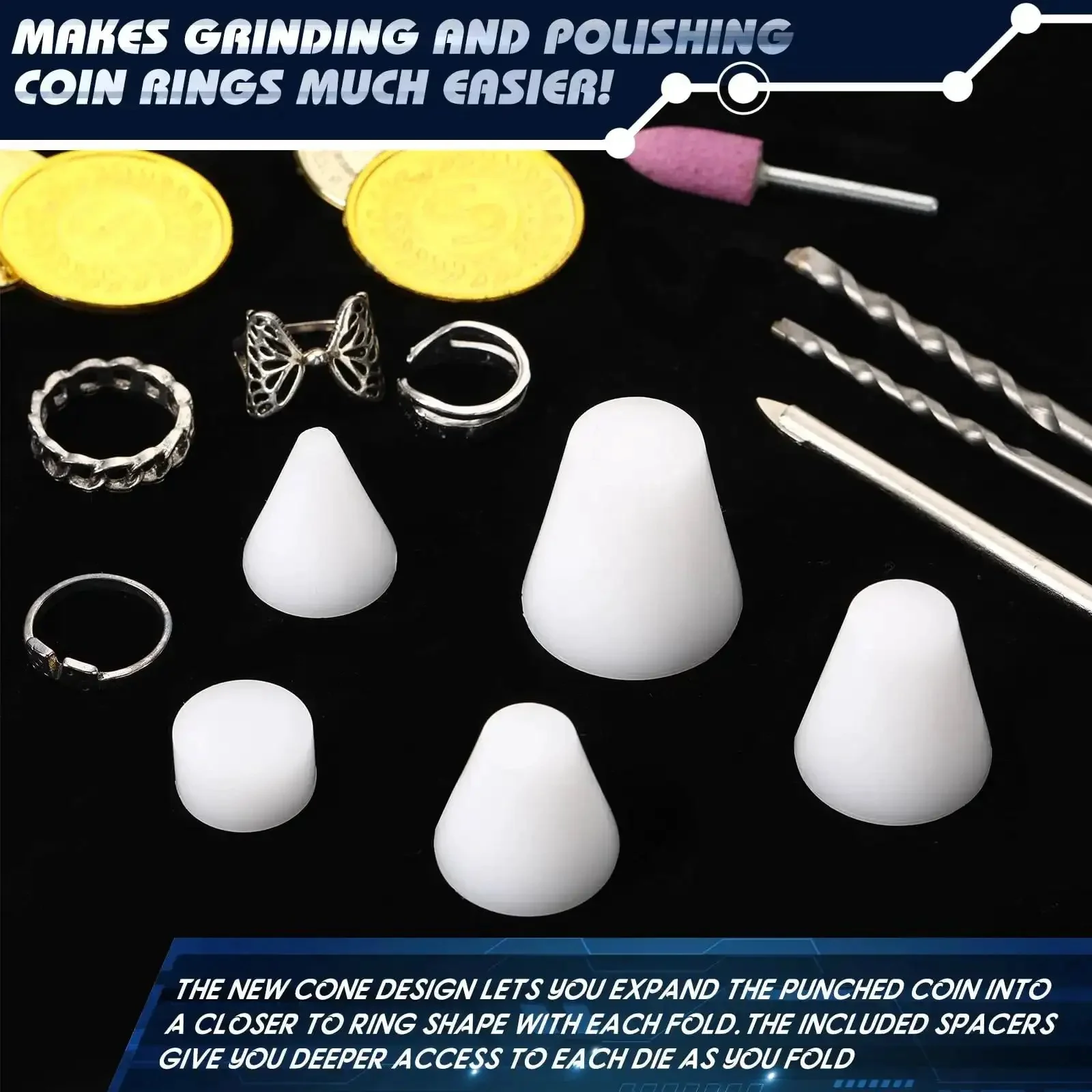 Five Piece Coin Ring Making Tools Folding Cone Set Including One Quarter Inch One Half Inch Five Eighths Inch And Three Fourths Inch Dies With Spacer Disc For Deep Mold Casting And Precise Hole Expansion In Jewelry Making Gear Must Have - Image 5