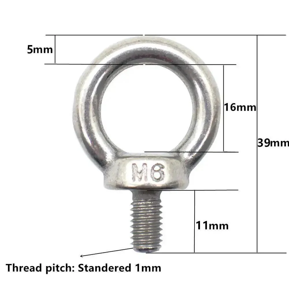 Five Piece M6 Eye Bolts Set, Stainless Steel 304 Ring Eye Bolts With Shoulder Lifting, 16 mm Ring Inner Diameter, 39 mm Overall Length, 1 mm Thread Pitch, M6 X 11 mm Thread Size, Silver - Image 5