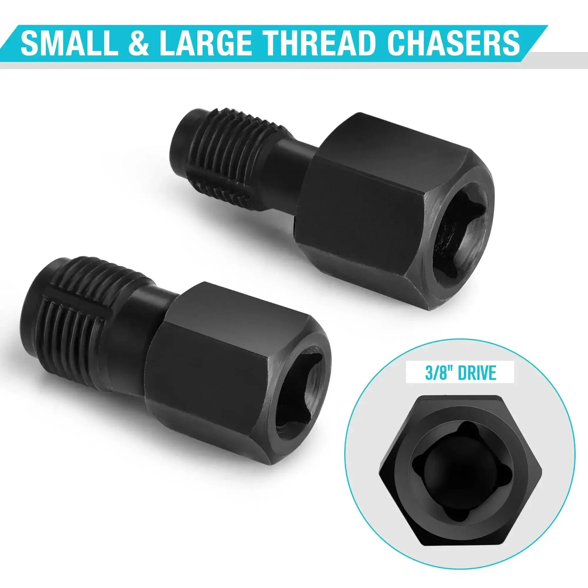 Five Piece Oxygen Sensor Socket And Thread Chaser Kit For Cars With 22mm Offset Sockets In One Half Inch And Three Eighth Inch Drives Long Socket M12 By One Point Two Five And M18 By One Point Five Thread Chasers - Image 5