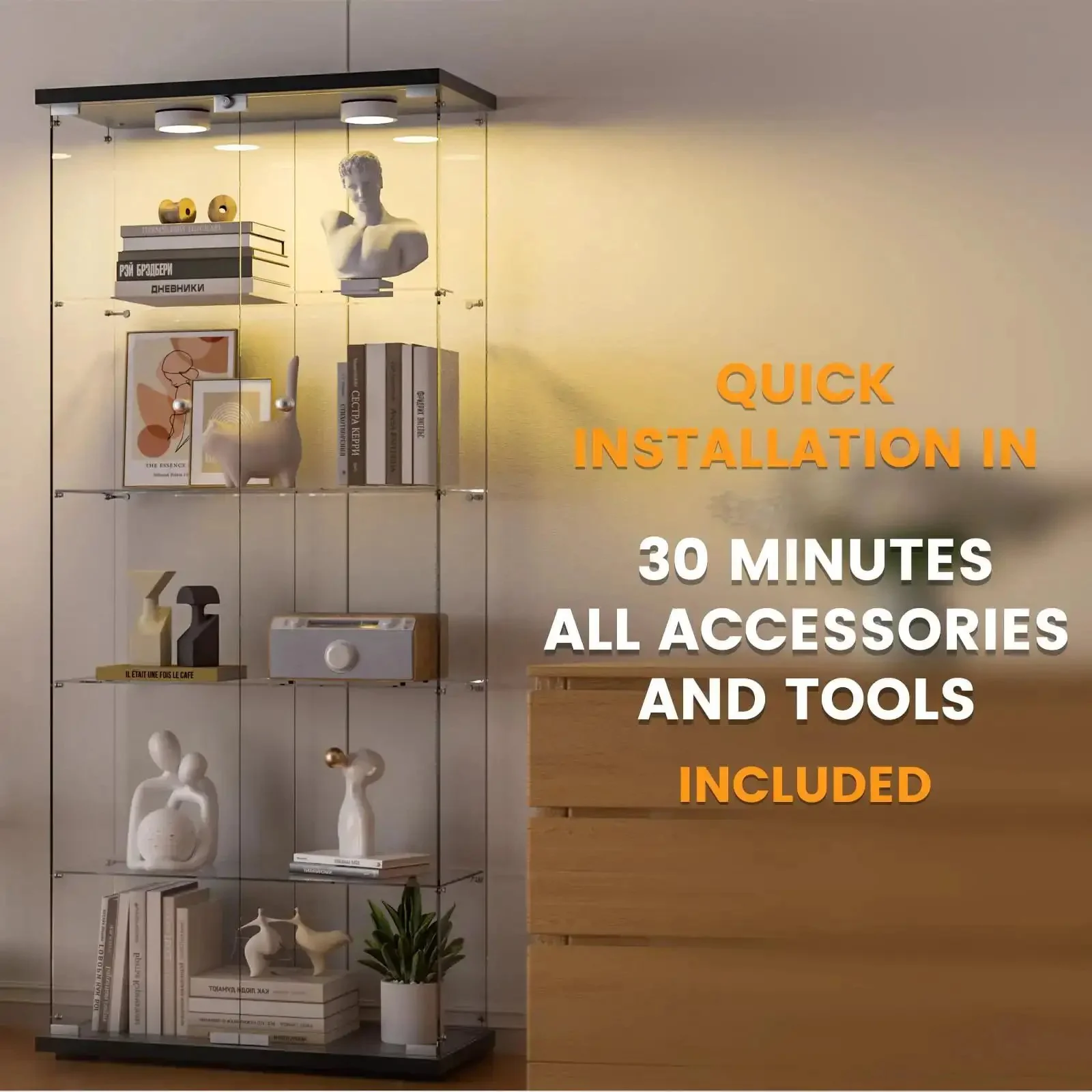 Five Shelf Glass Display Cabinet With Locking Door And Remote LED Lights 4mm Tempered Glass Floor To Ceiling Bookcase For Bedroom Or Living Room Black Finish Perfect For Showing Off Collections - Image 2