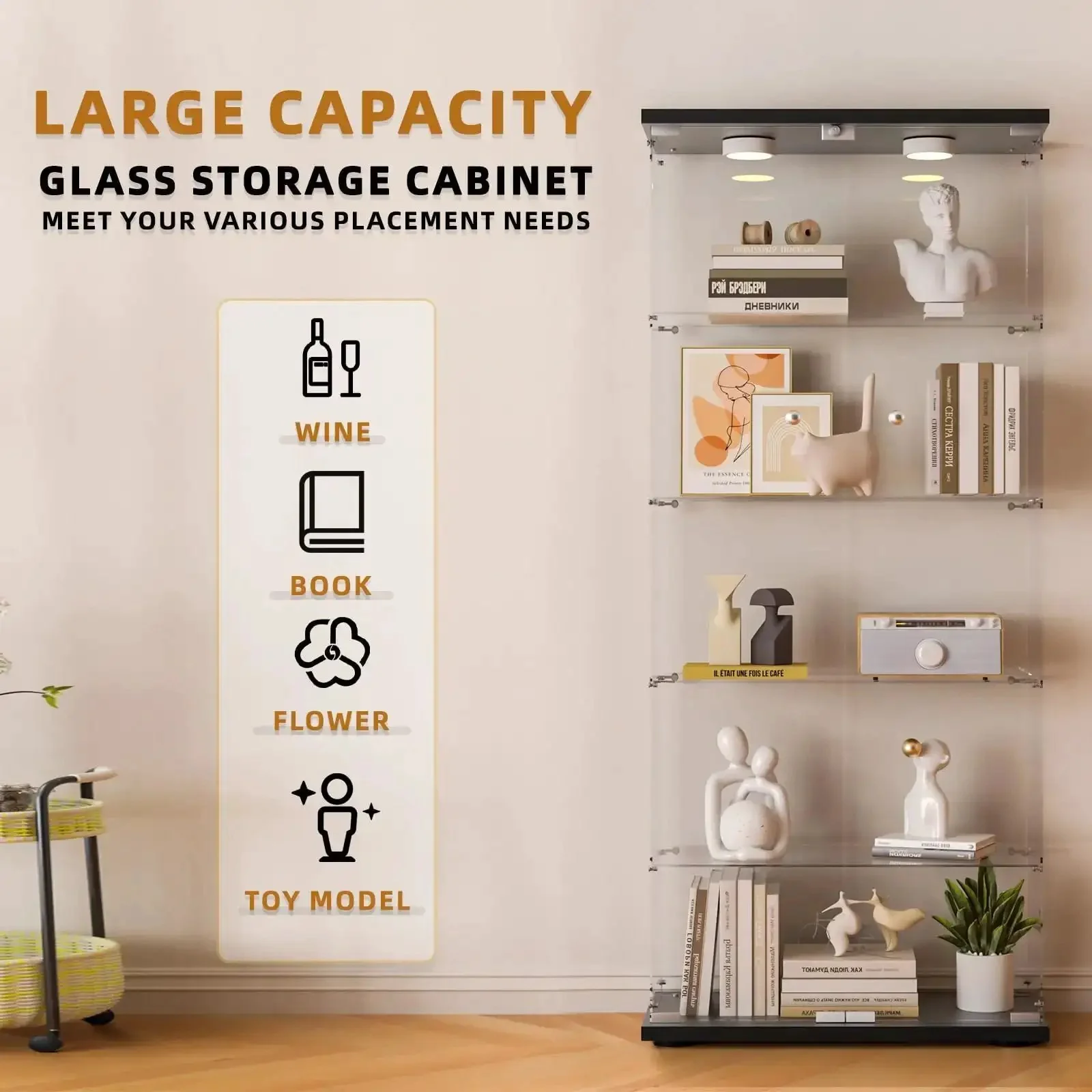 Five Shelf Glass Display Cabinet With Locking Door And Remote LED Lights 4mm Tempered Glass Floor To Ceiling Bookcase For Bedroom Or Living Room Black Finish Perfect For Showing Off Collections - Image 3